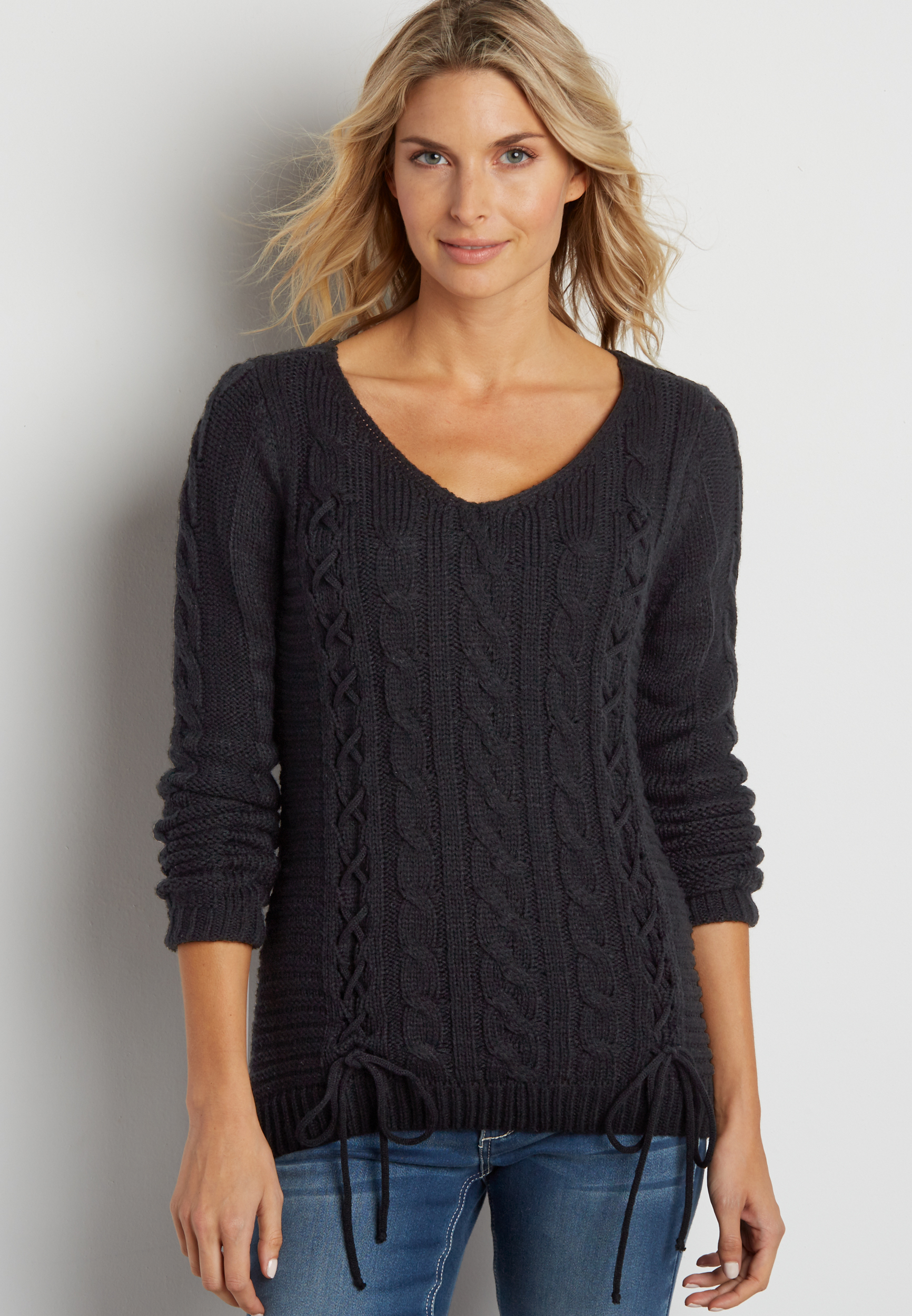 cable knit pullover sweater with lace up detail | maurices