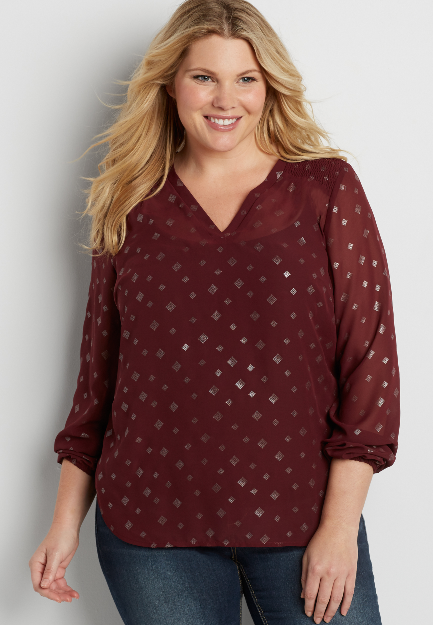 the perfect plus size blouse with smocked yoke in metallic print | maurices