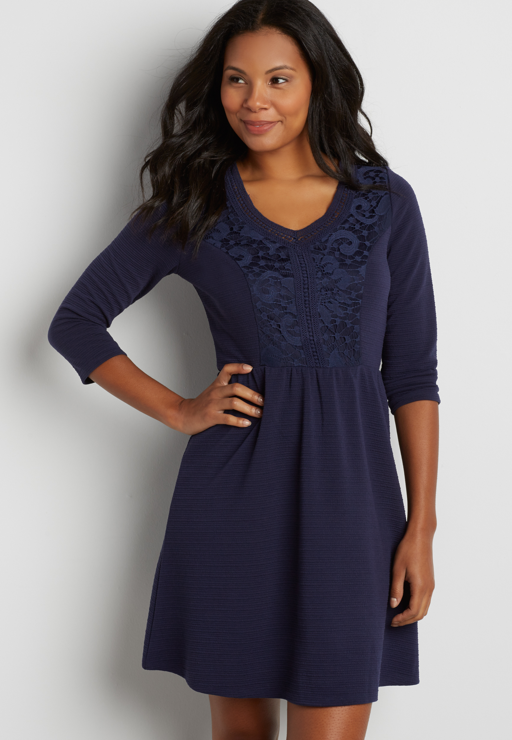 textured knit dress with lace overlay | maurices
