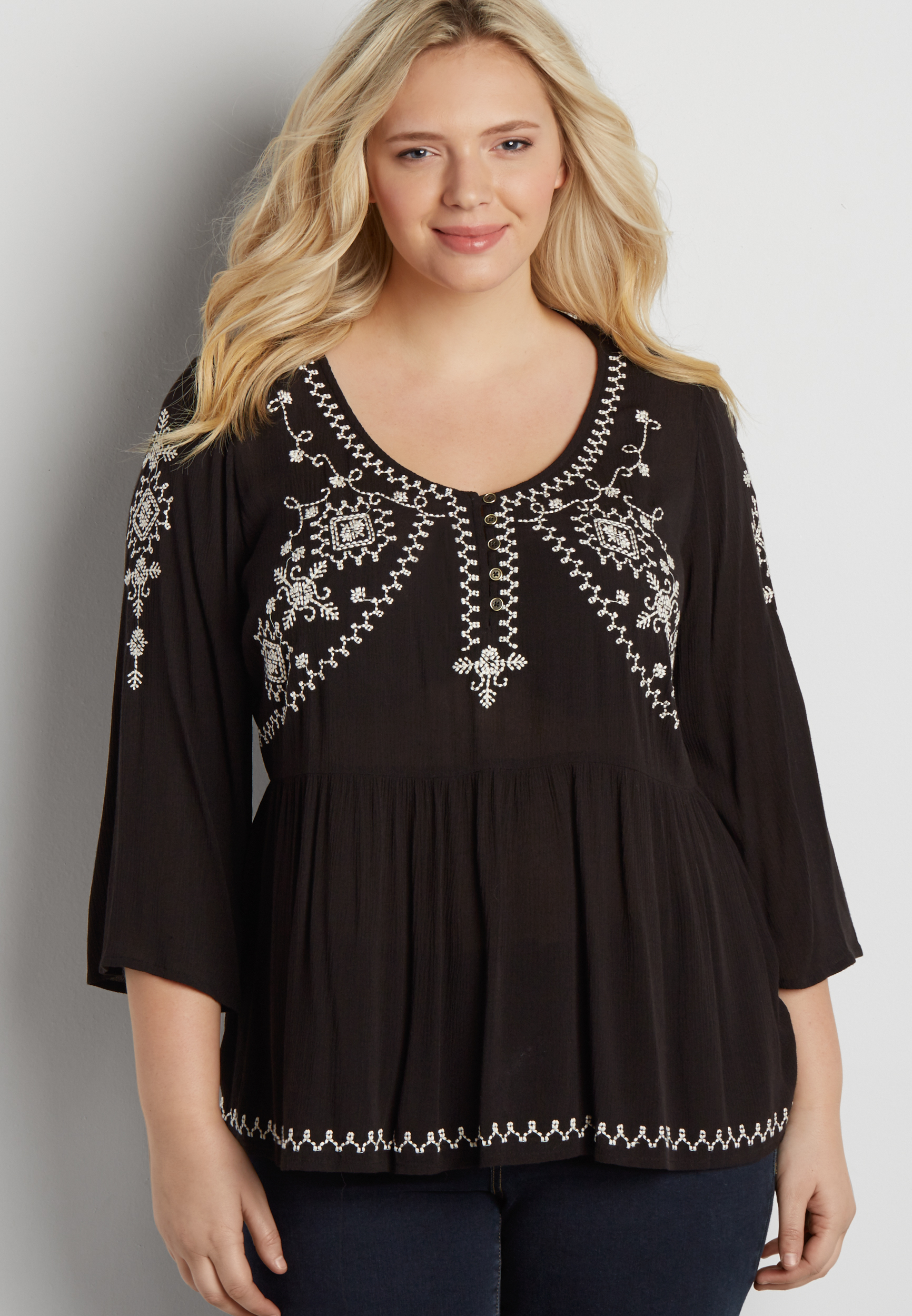 plus size babydoll peasant top with embroidery | maurices