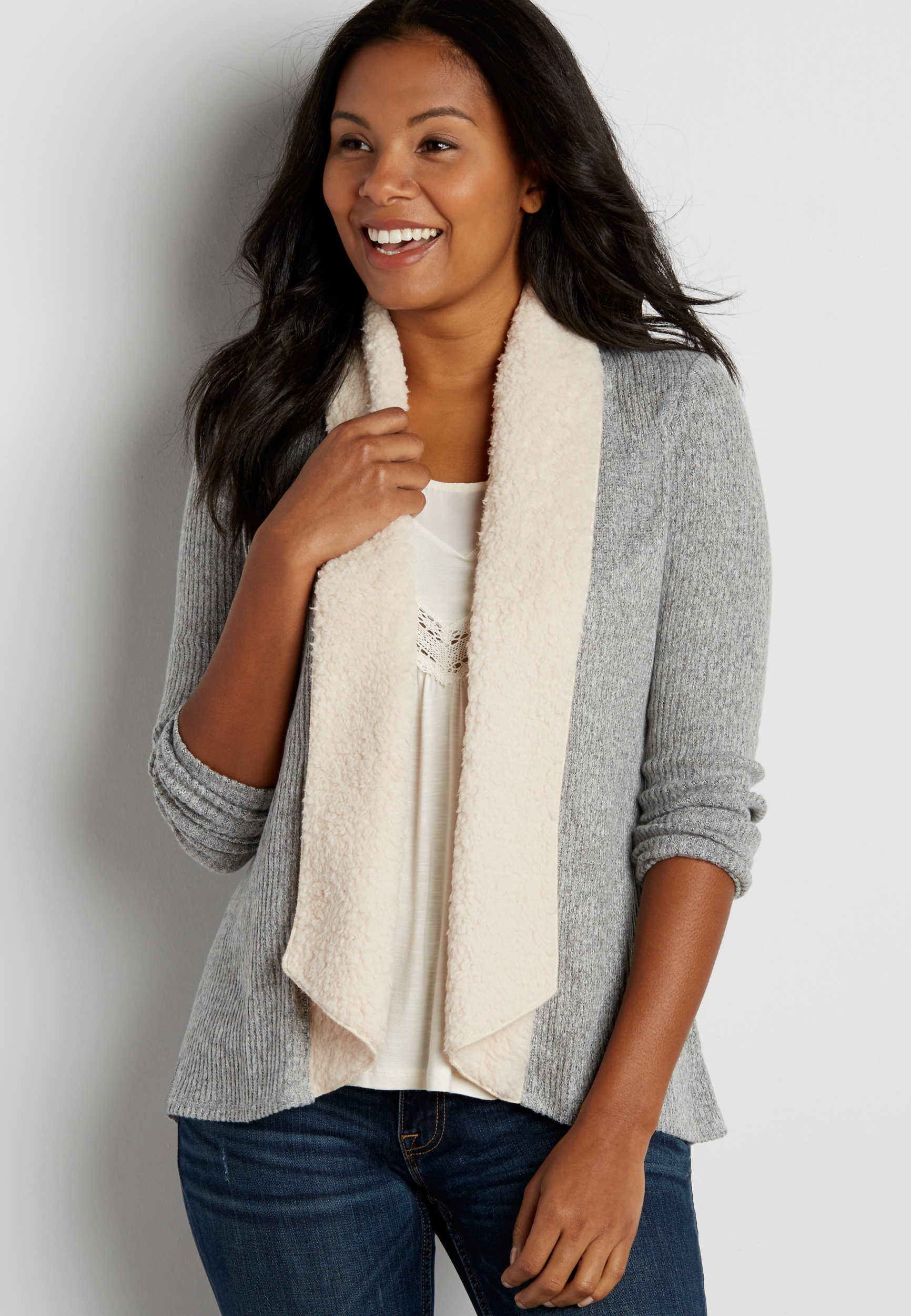 ribbed knit cardigan with faux sherpa collar maurices