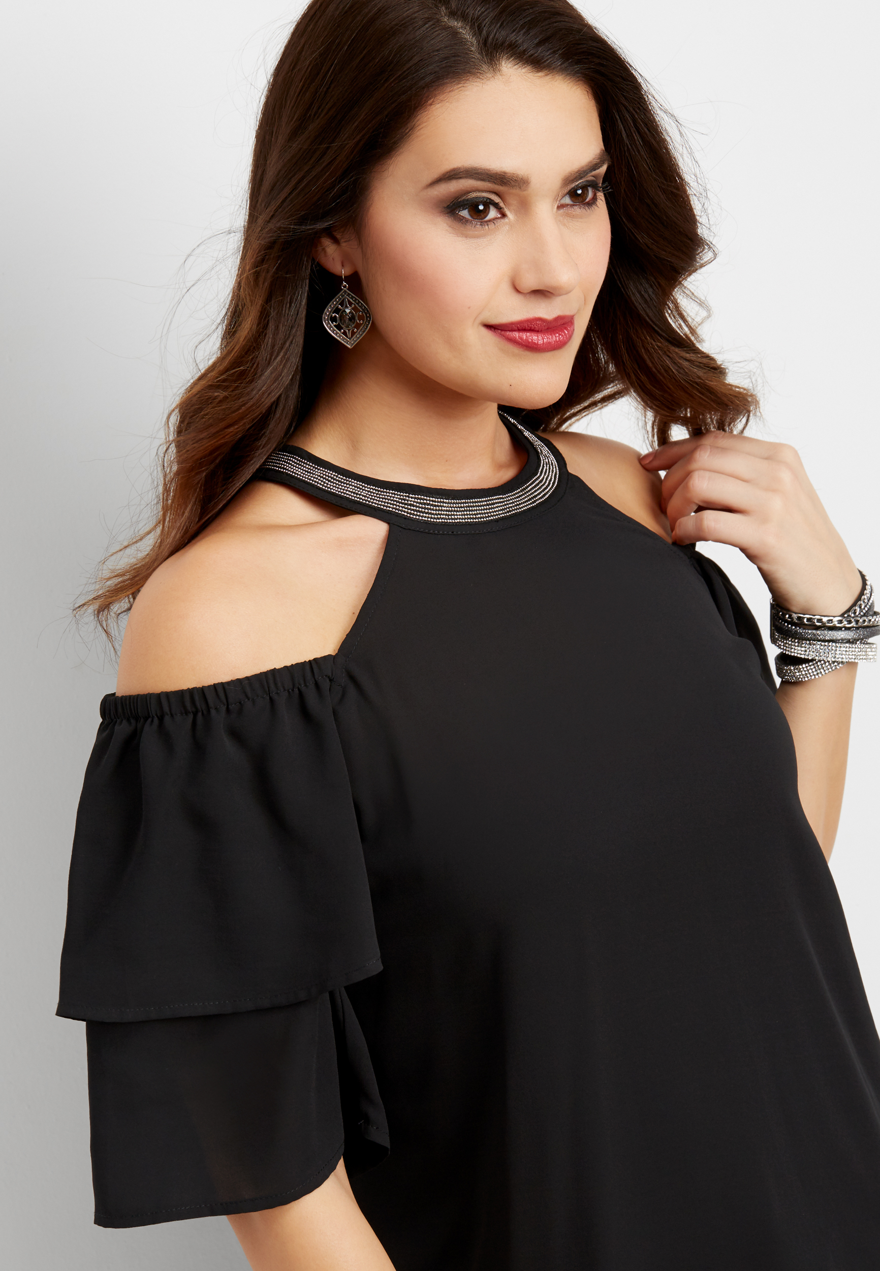 cold shoulder blouse with layered sleeves and beaded neckline | maurices