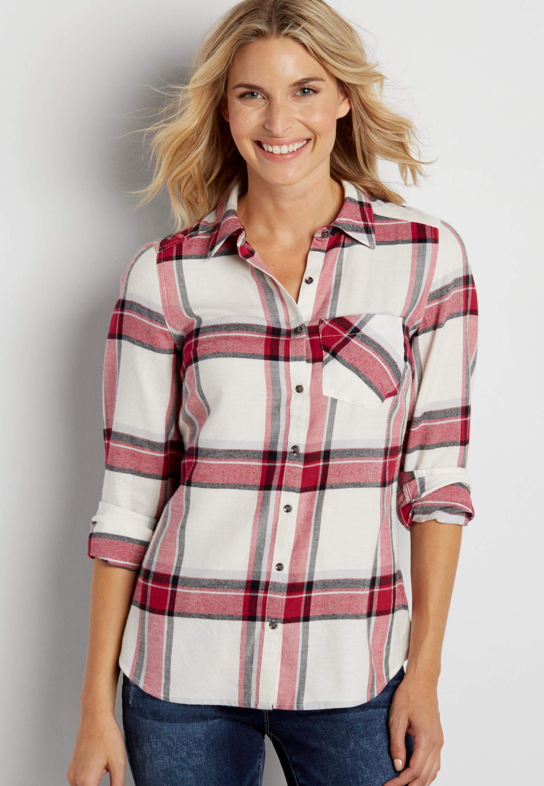 button down pink plaid shirt | maurices