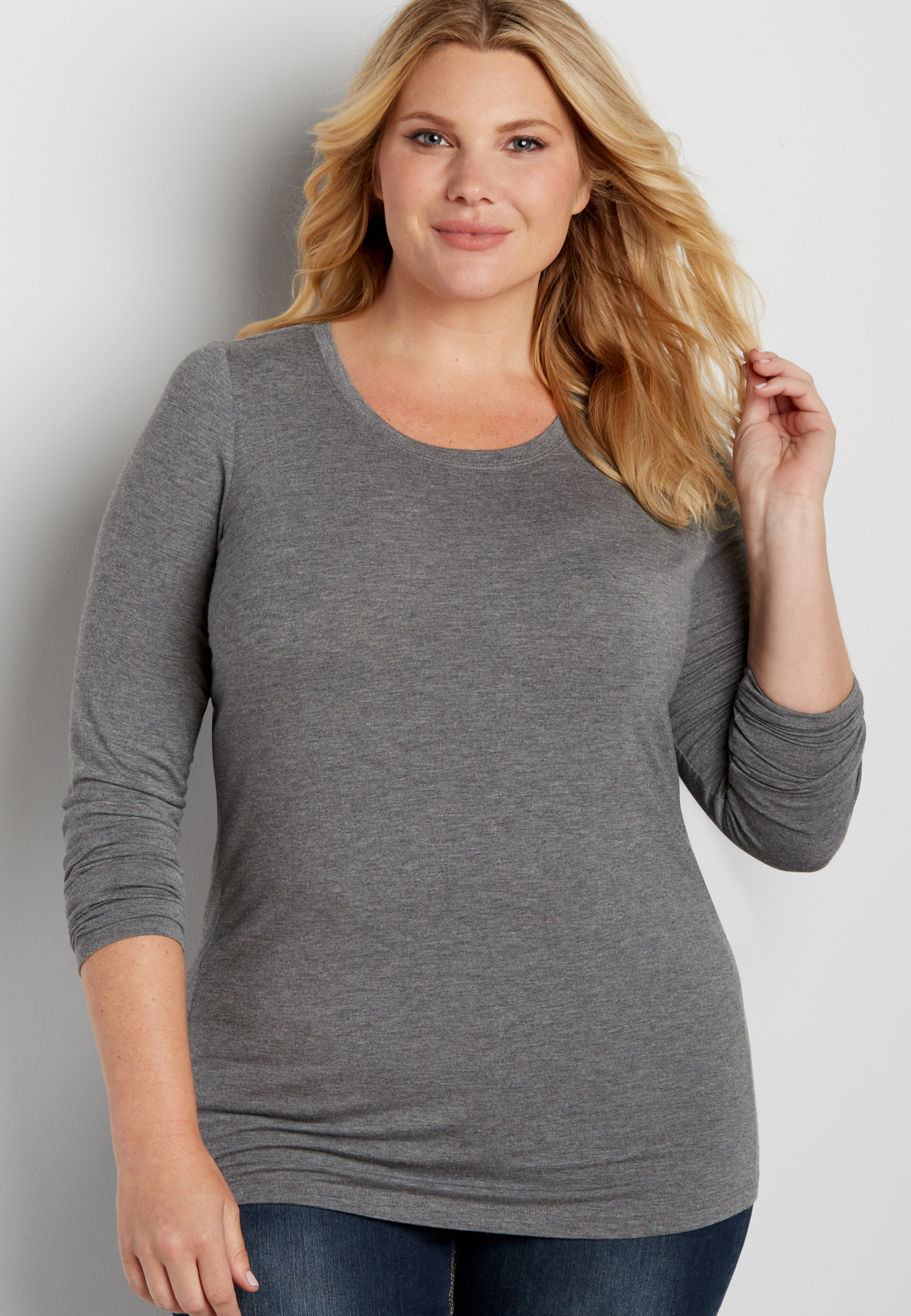 plus size heathered tee with long sleeves in charcoal | maurices