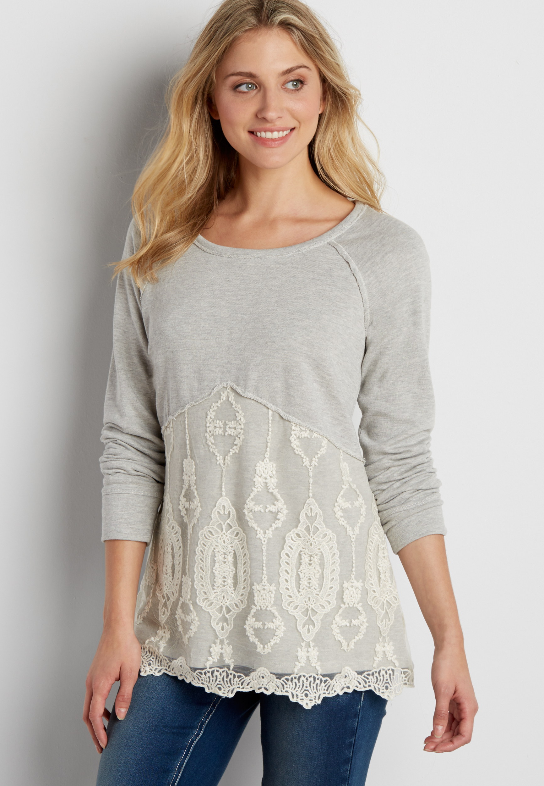 french terry pullover sweatshirt with embroidered mesh overlay | maurices