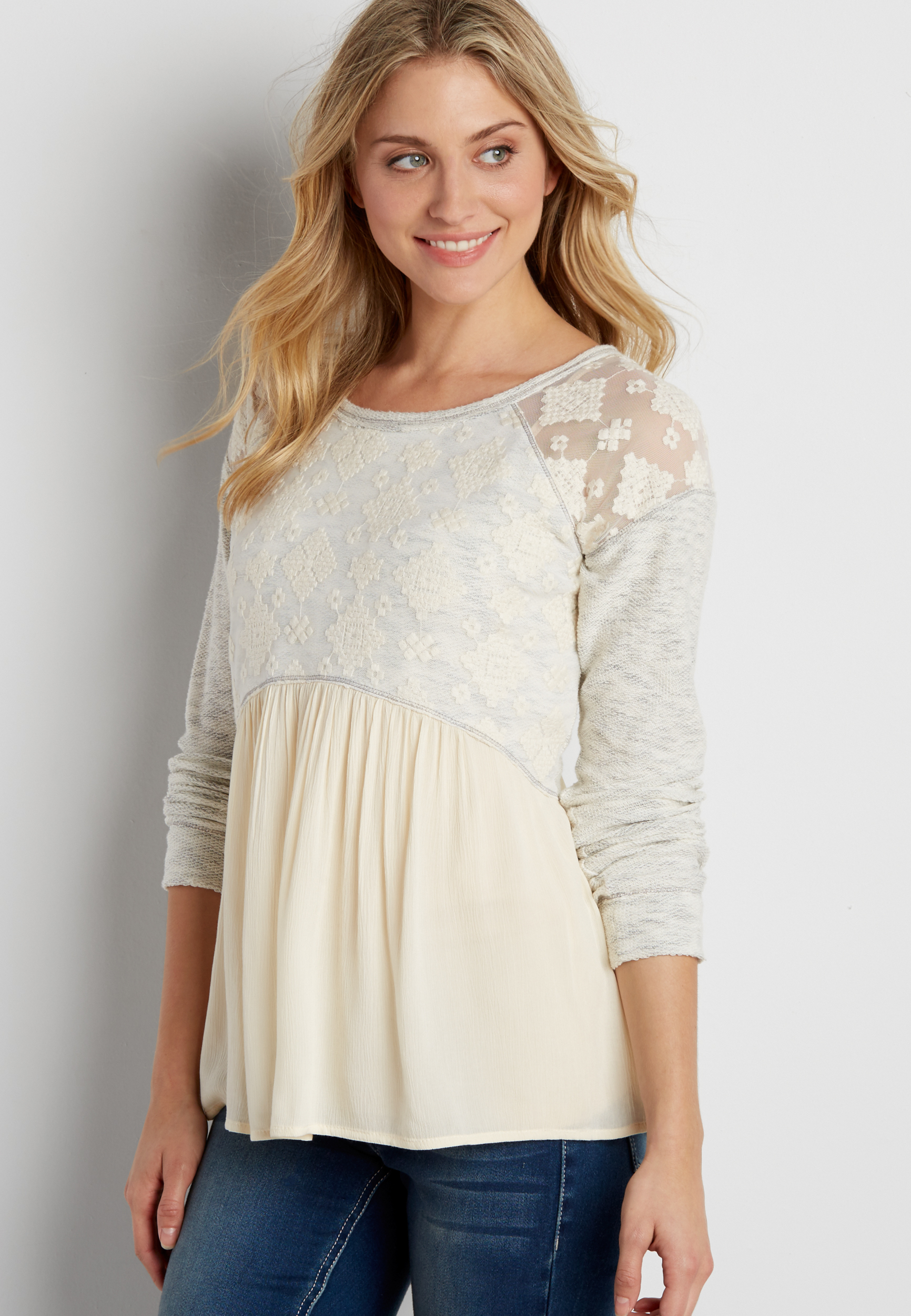 mixed fabric pullover sweater with embroidered mesh | maurices