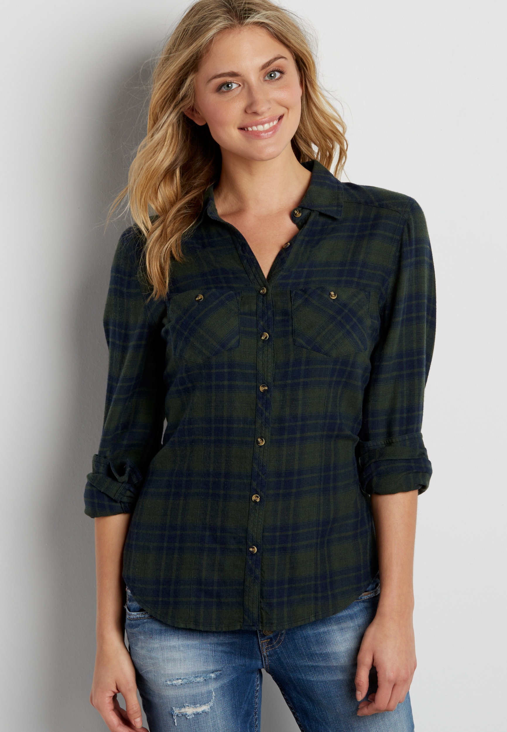 button down plaid shirt in navy blue and green maurices