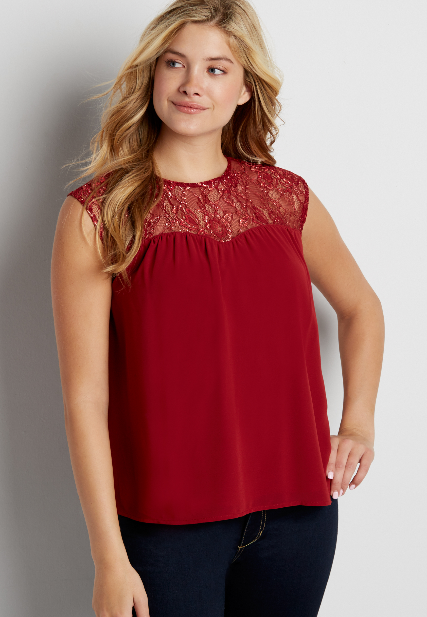 sleeveless top with lace yoke and goldtone metallic detail | maurices