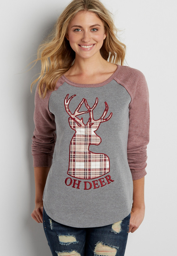 fleece lined pullover sweatshirt with plaid oh deer graphic | maurices