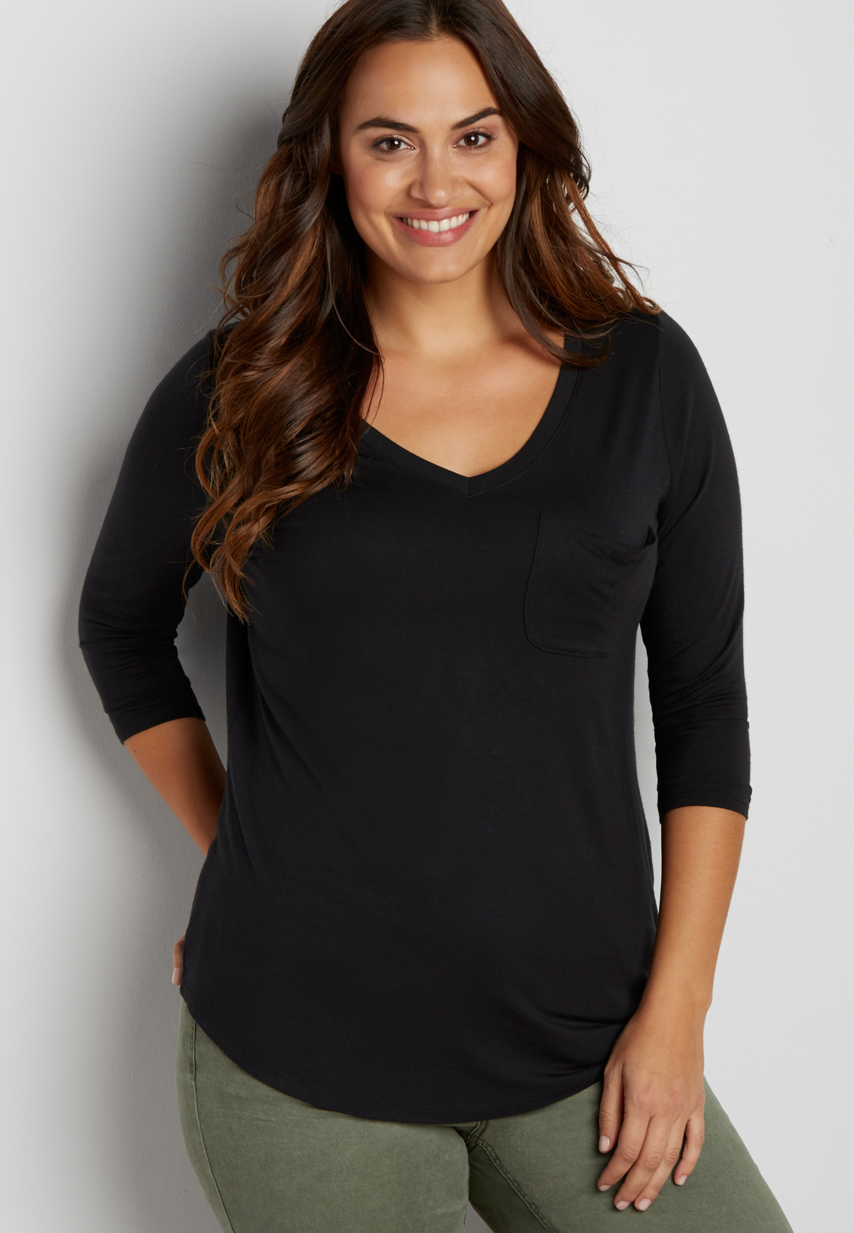 the 24/7 plus size tee with pocket and 3/4 length sleeves | maurices