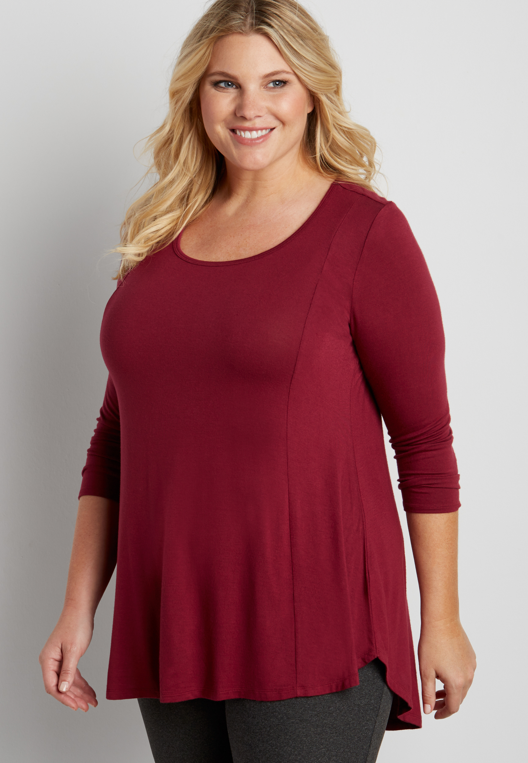 the 24/7 plus size swing tee with keyhole back and high-low hem | maurices