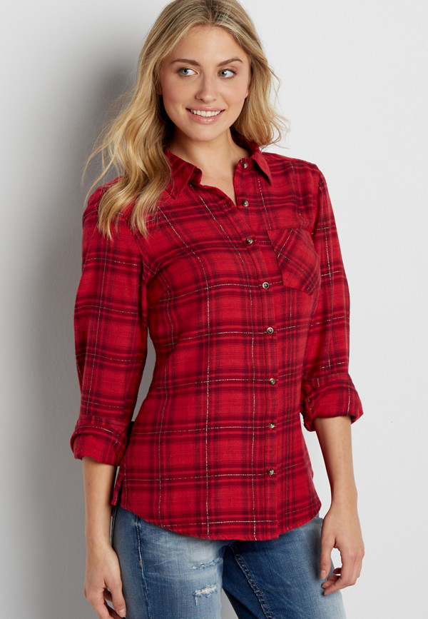 button down shirt in red plaid with goldtone metallic stitching | maurices