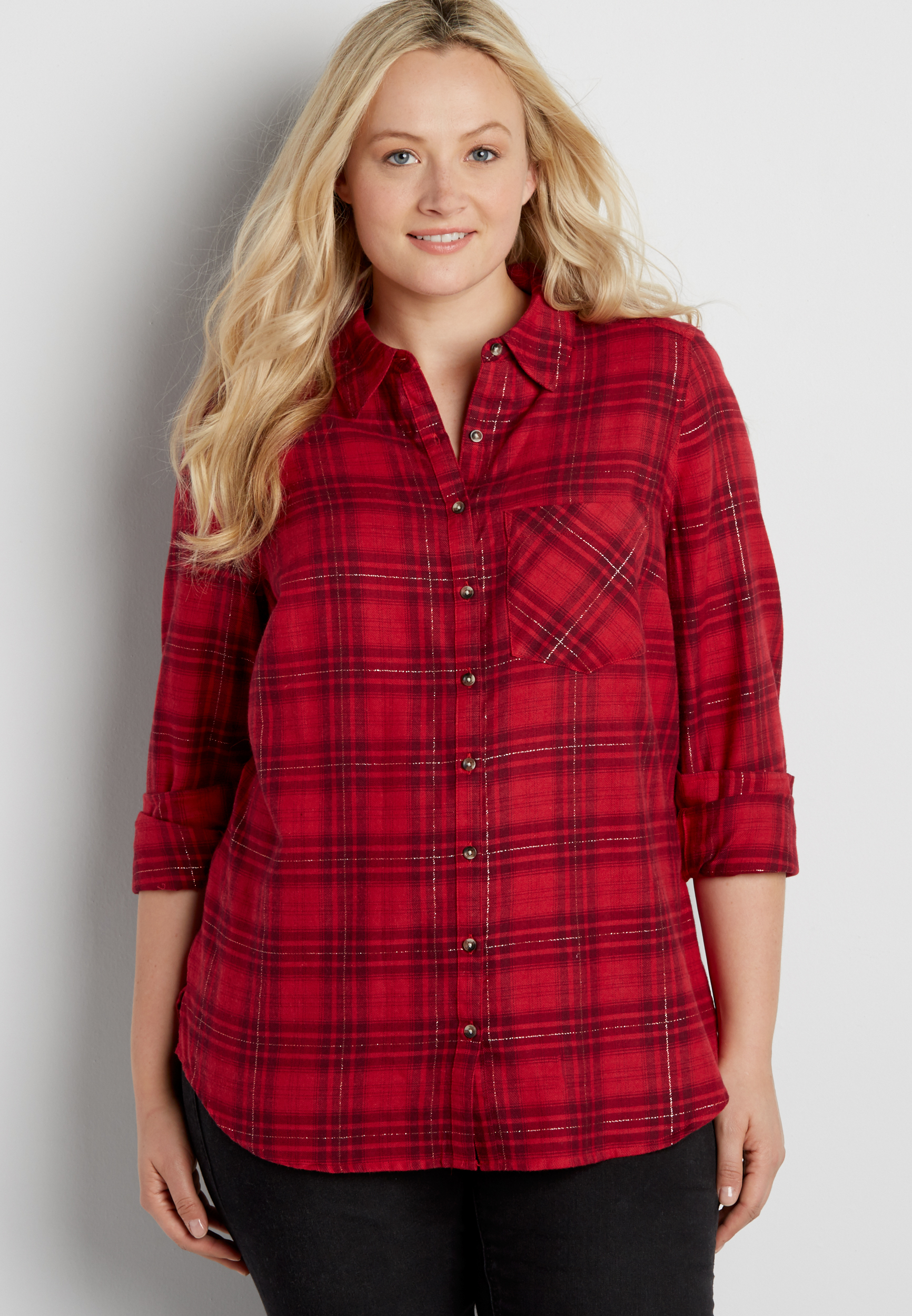 plus size button down shirt in red plaid with goldtone metallic ...