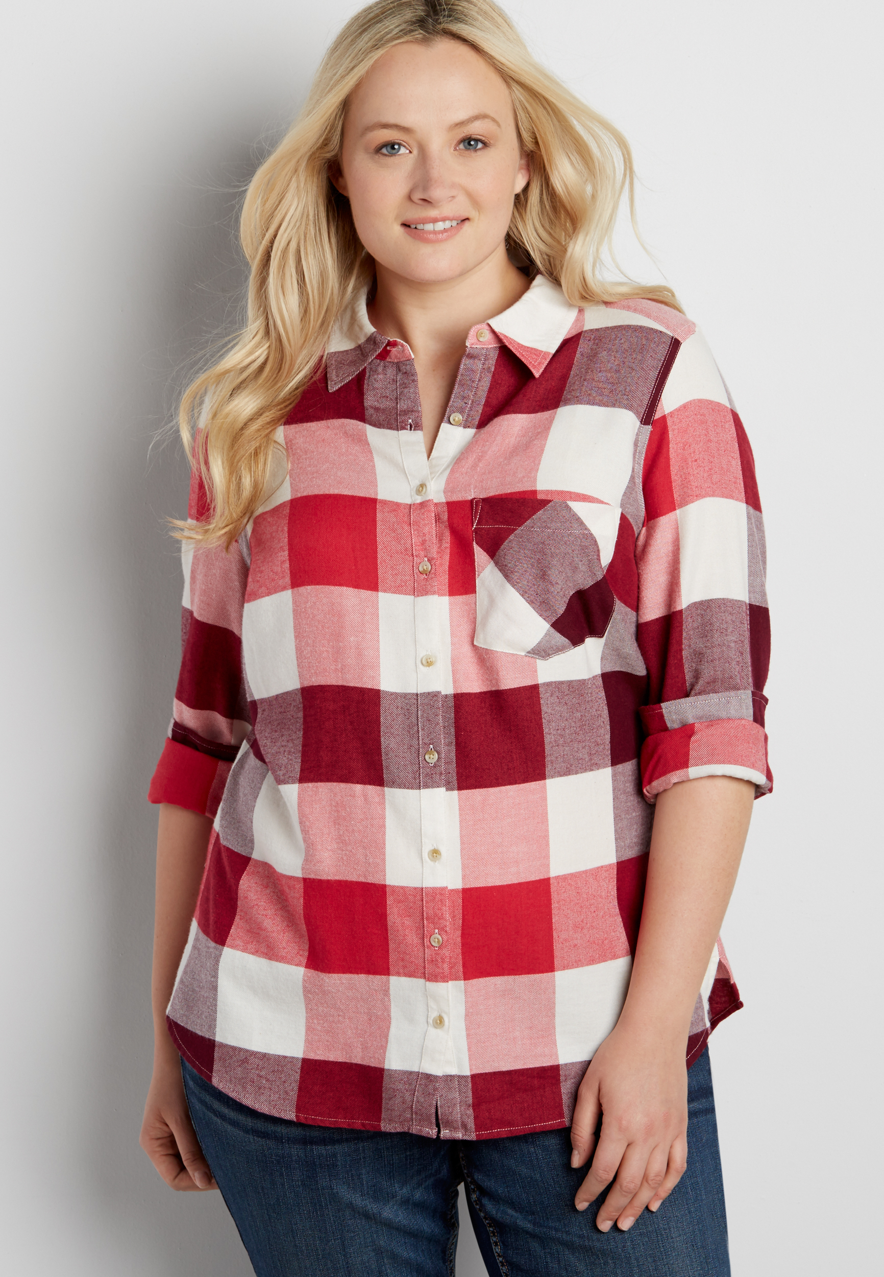 plus size button down flannel shirt in buffalo plaid | maurices