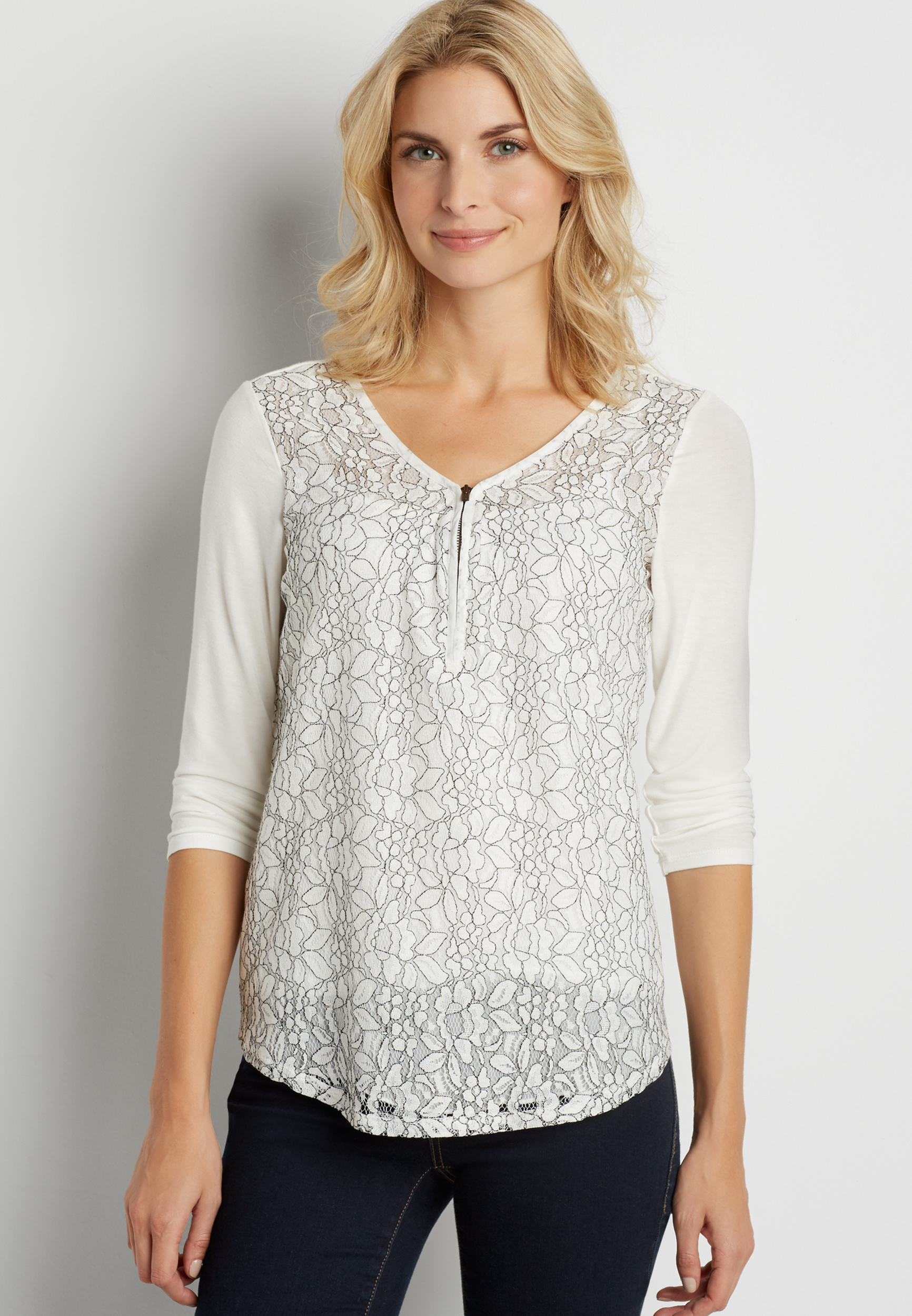 zip neck top with floral lace overlay in white | maurices