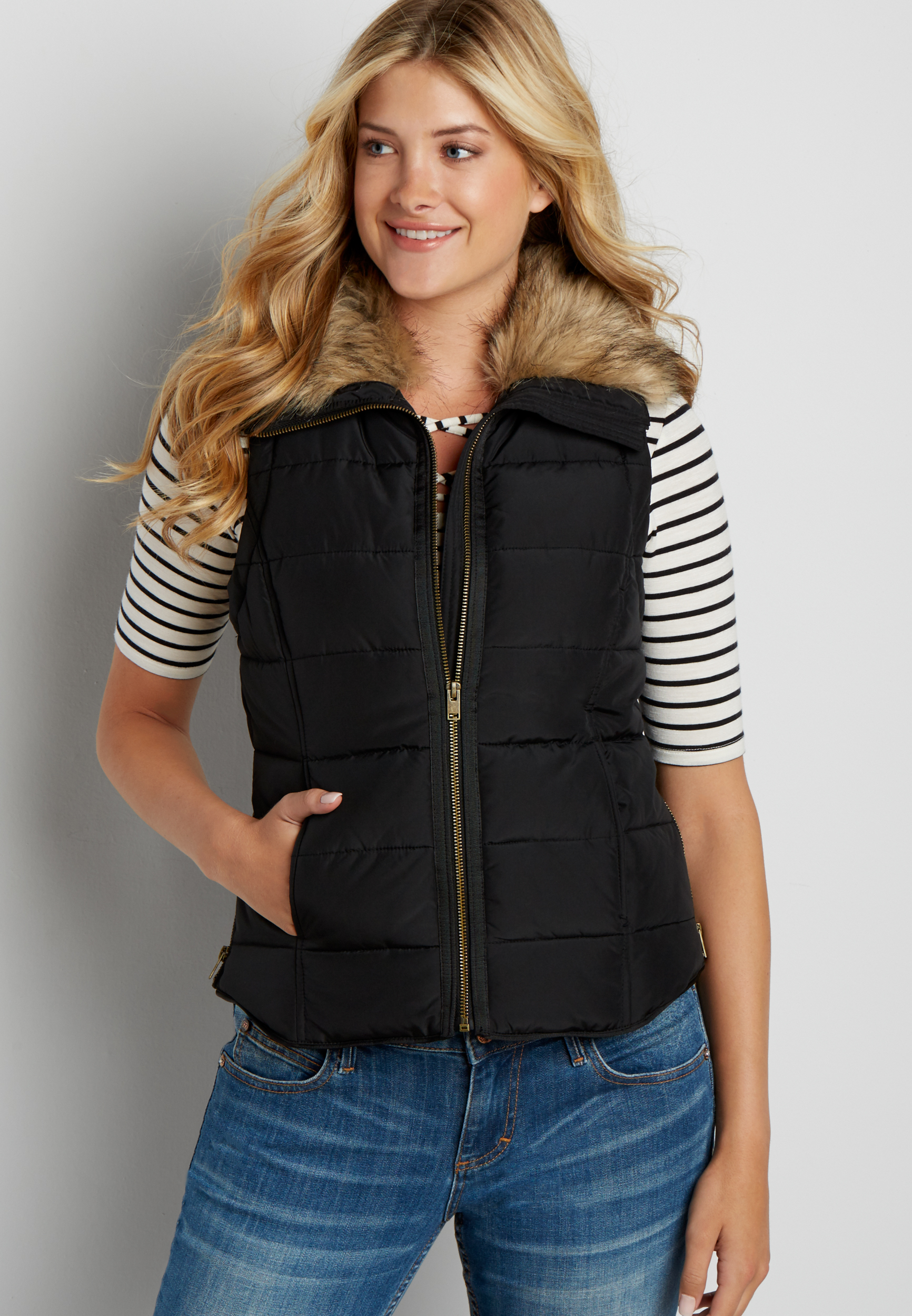 puffer vest with faux fur collar | maurices