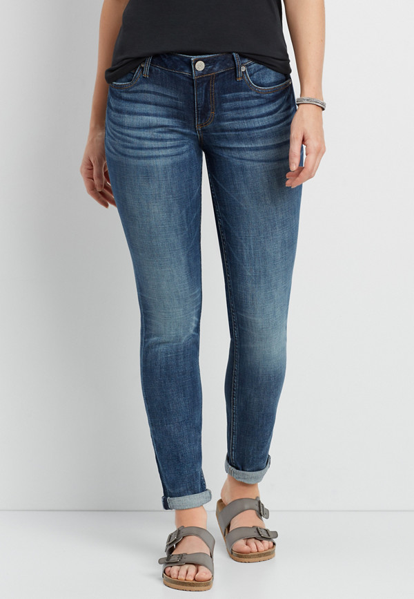 dark wash cuffed ankle skinny jeans with whiskering | maurices