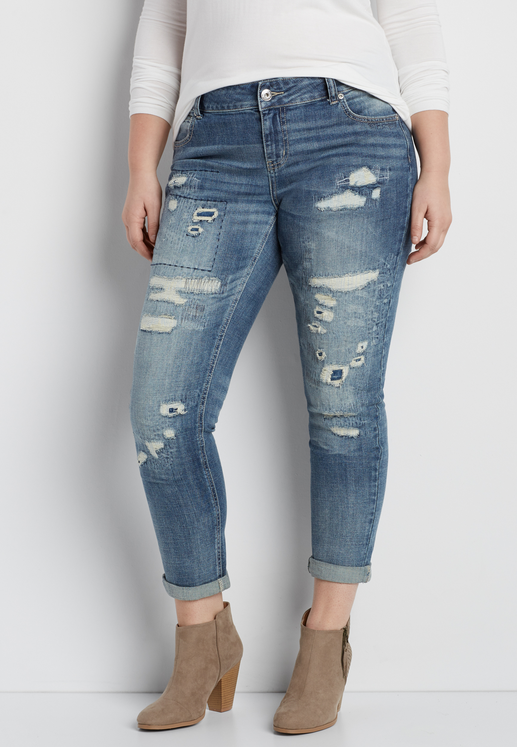OUTDATED DenimFlex™ plus size skinny jeans with lined destruction in medium wash maurices
