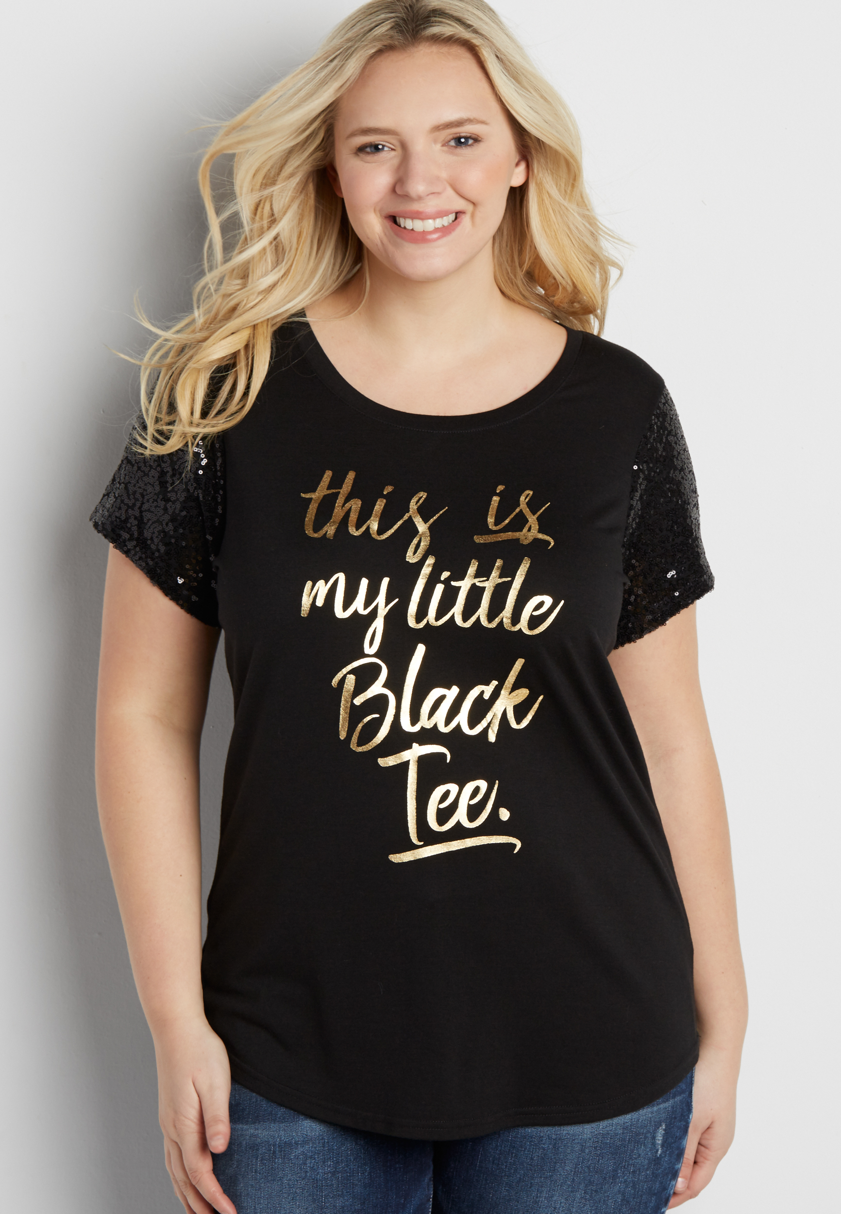 plus size this is my little black tee with sequin sleeves | maurices
