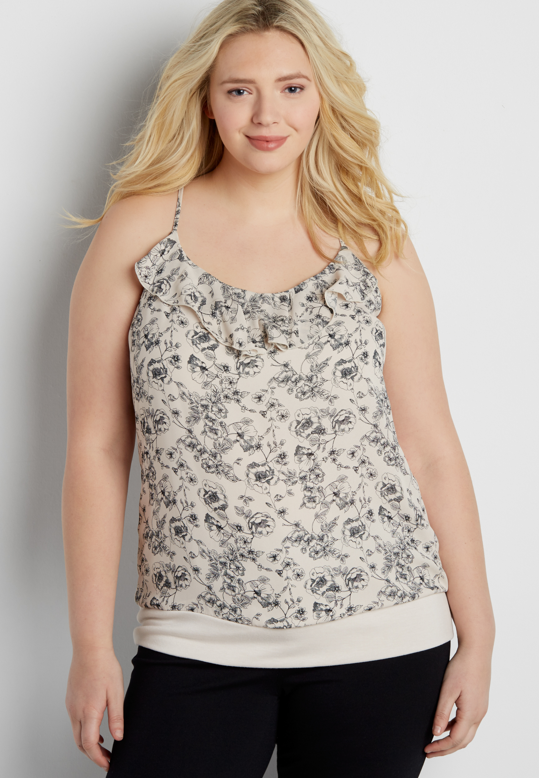 plus size knit tank with floral print chiffon front and ruffle | maurices