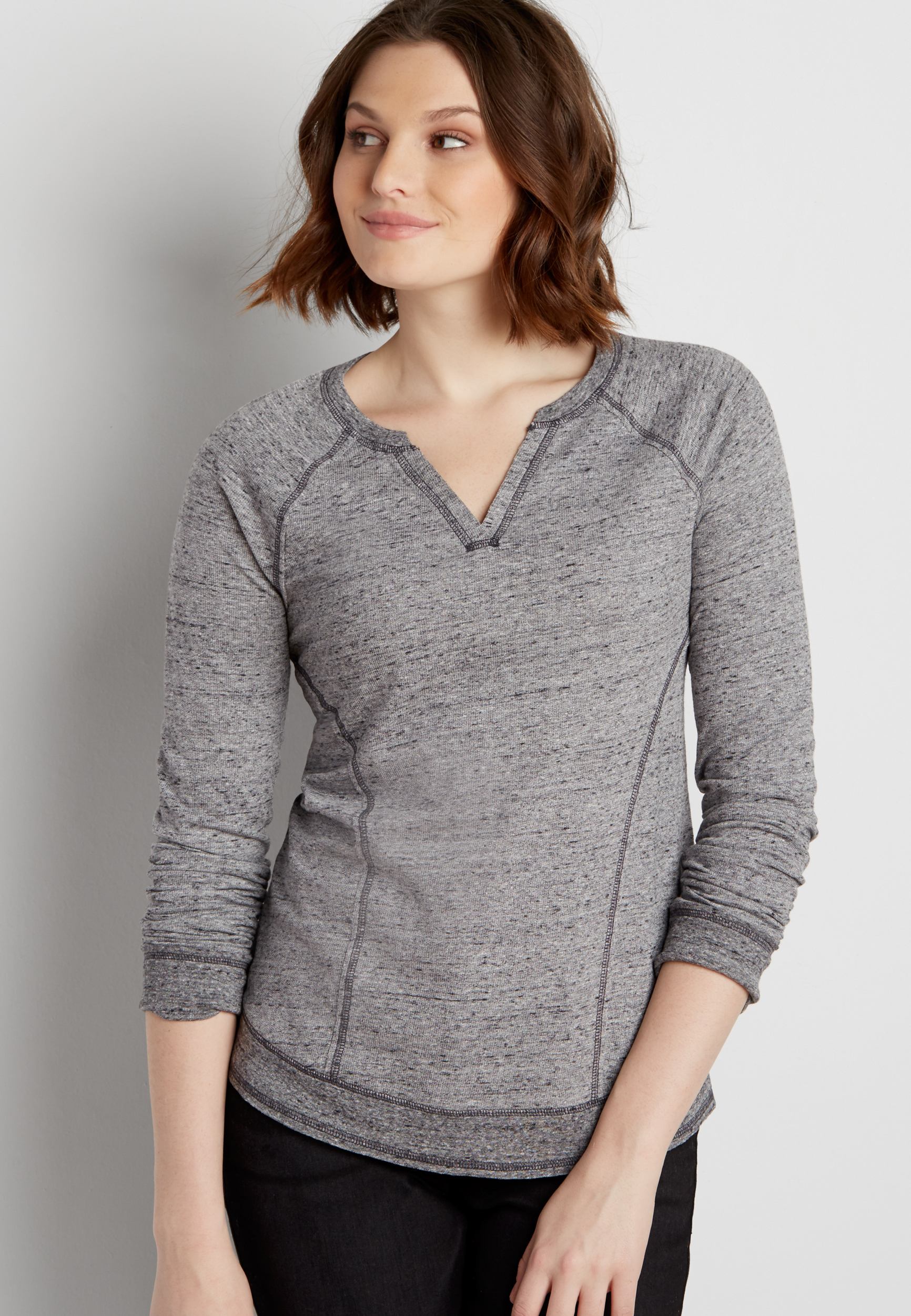 lightweight heathered pullover sweatshirt with slit neckline | maurices