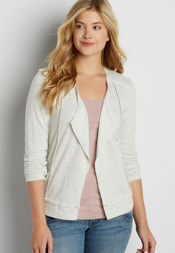 heathered french terry cardigan with raw edges | maurices