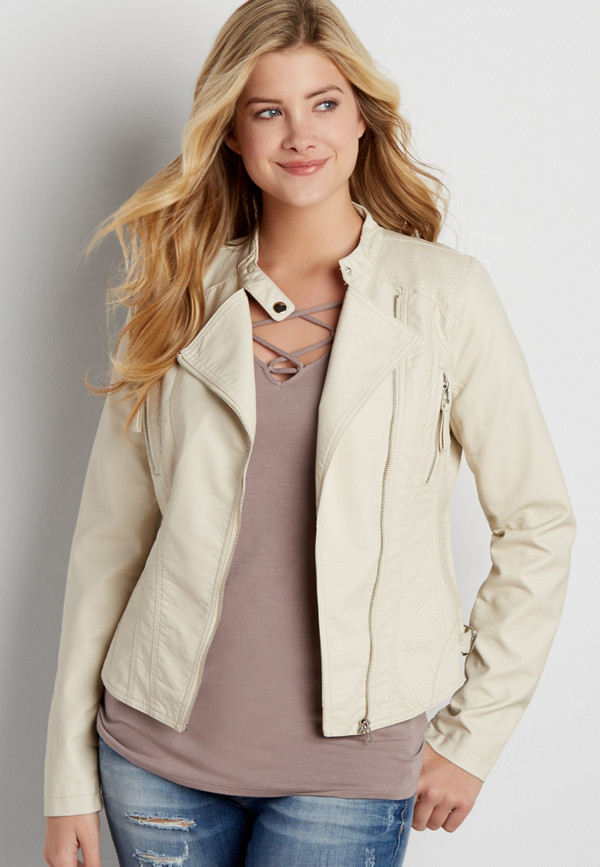 faux leather moto jacket with ribbed knit and perforated detail | maurices