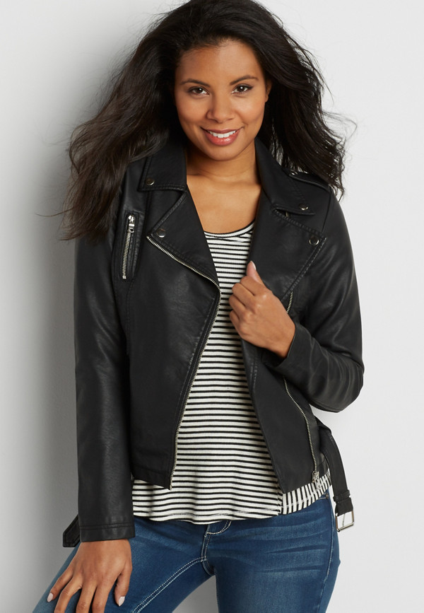 belted faux leather moto jacket in black | maurices