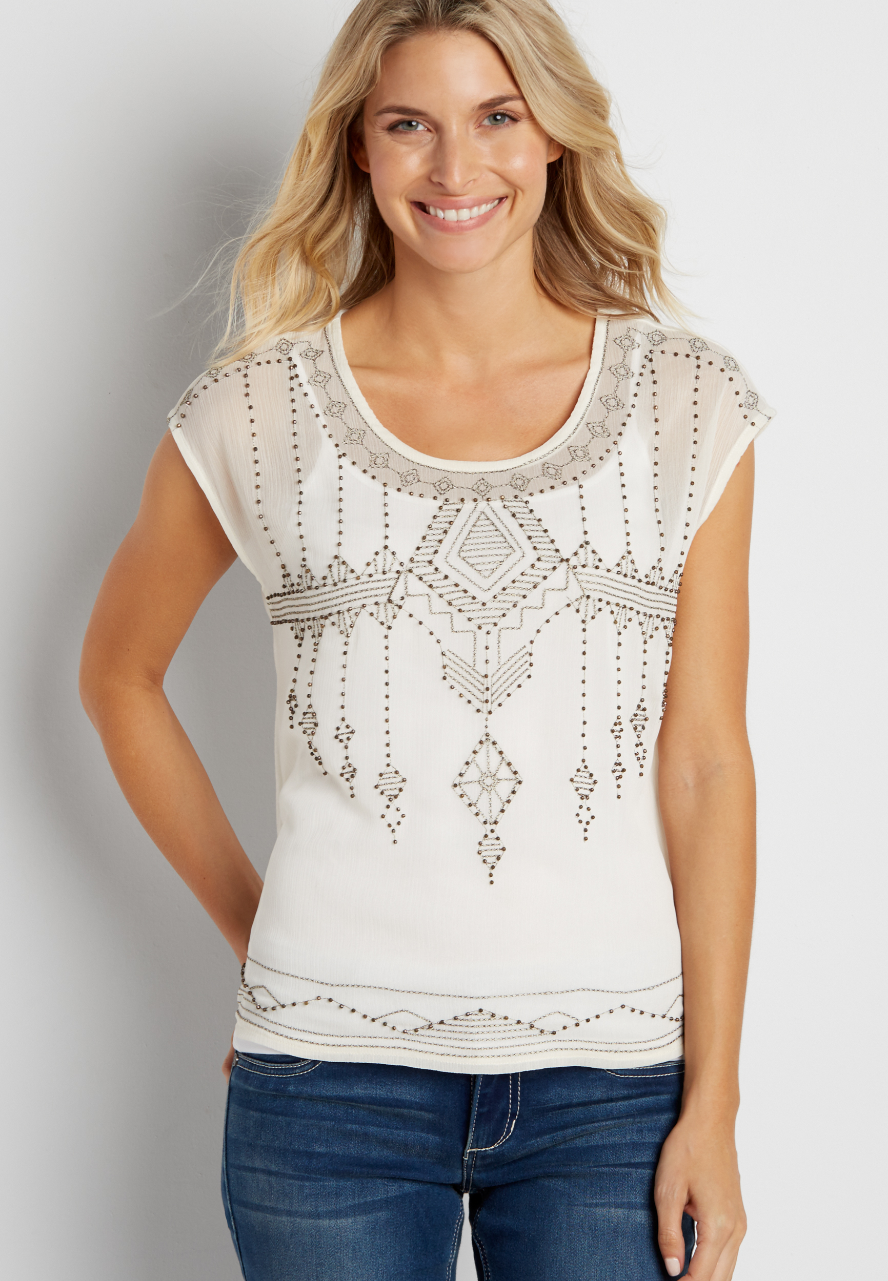 cap sleeve tee with embroidery and beading | maurices