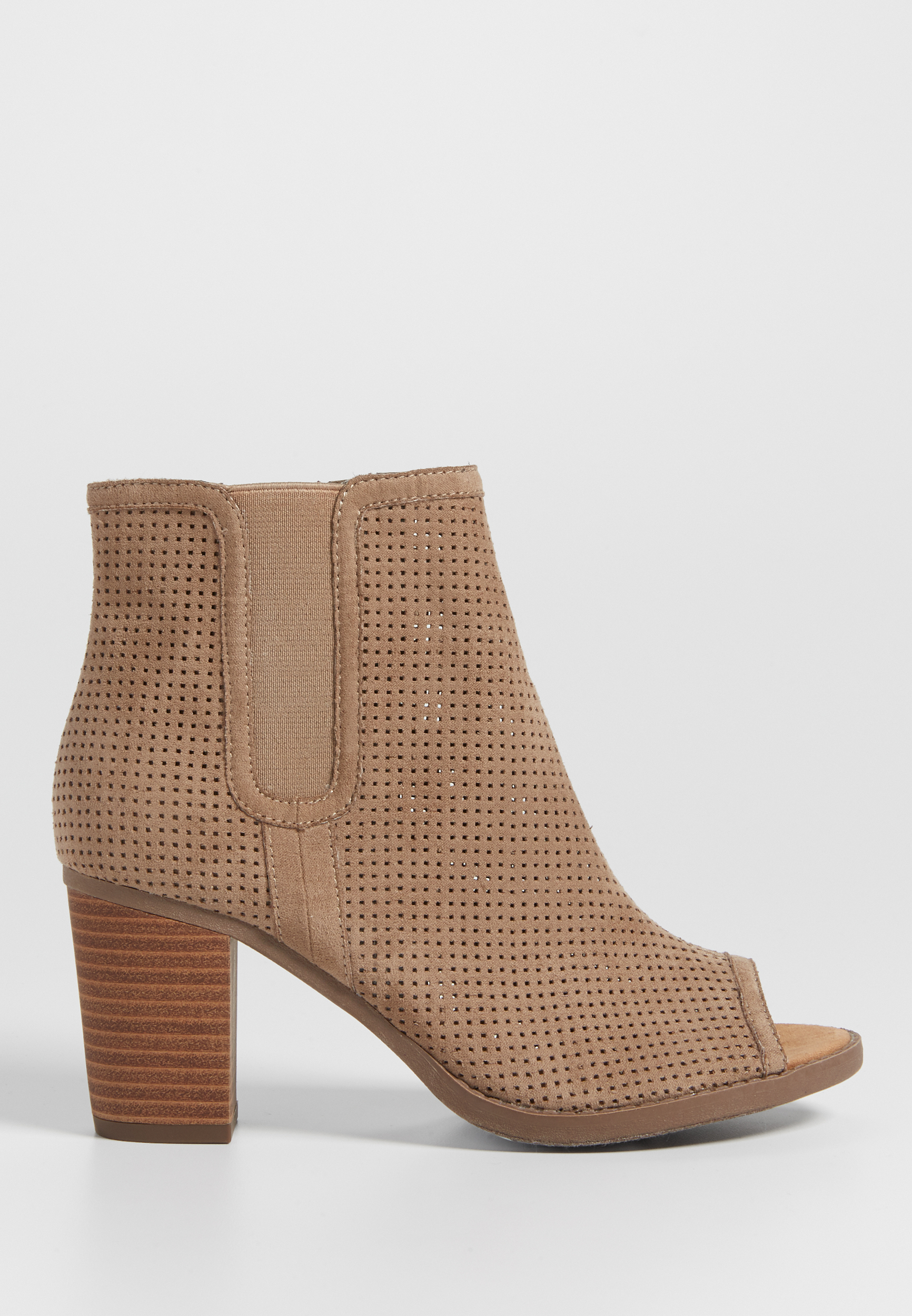 RTV - Ginger perforated faux suede bootie with peep toe in taupe | maurices