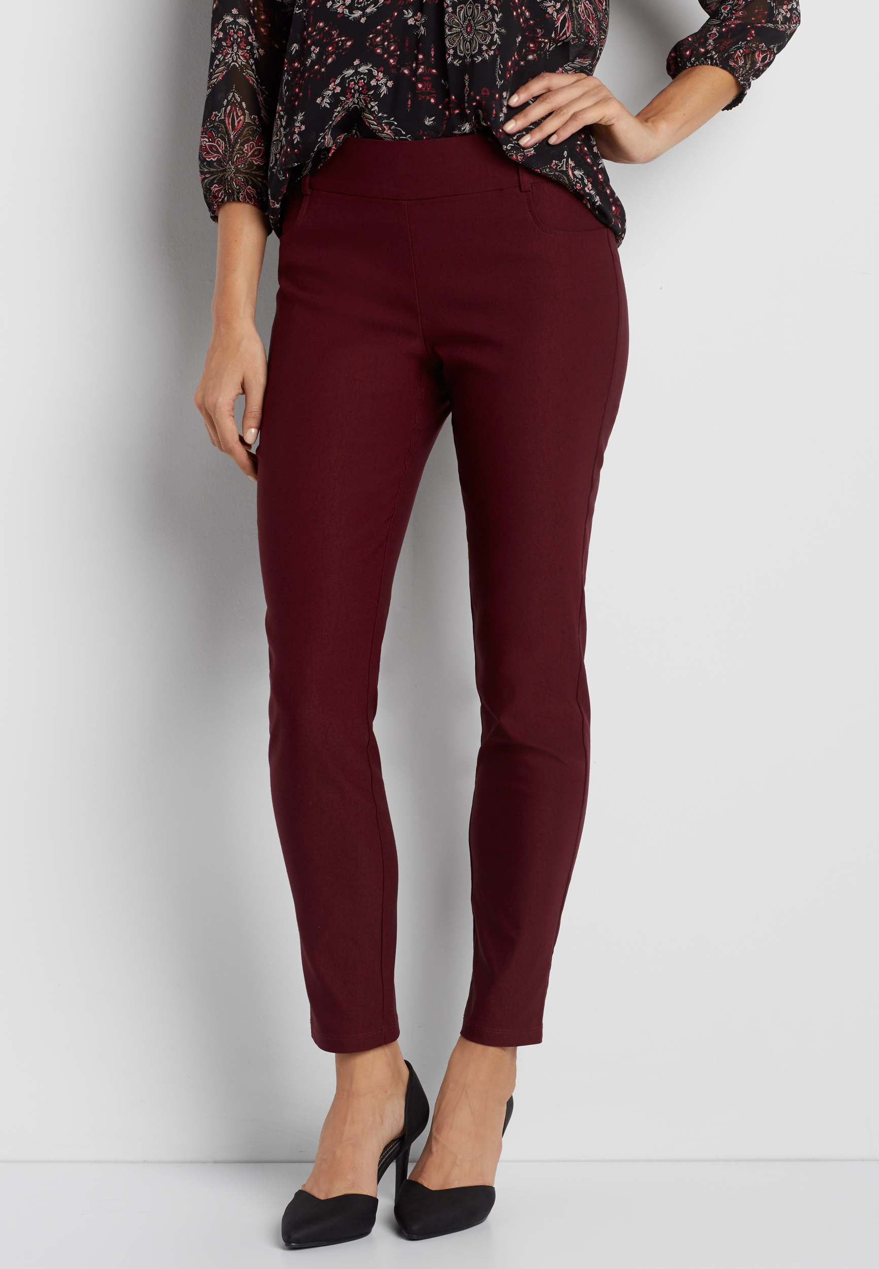 the smart pull on skinny ankle pant in rich merlot | maurices