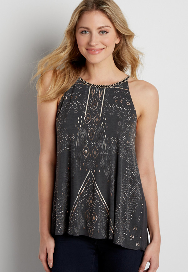 tank with patterned graphic and braided neckline | maurices