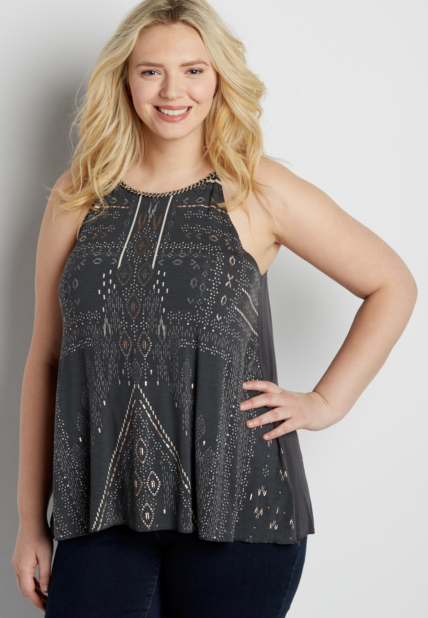 plus size tank with patterned graphic and braided neckline | maurices