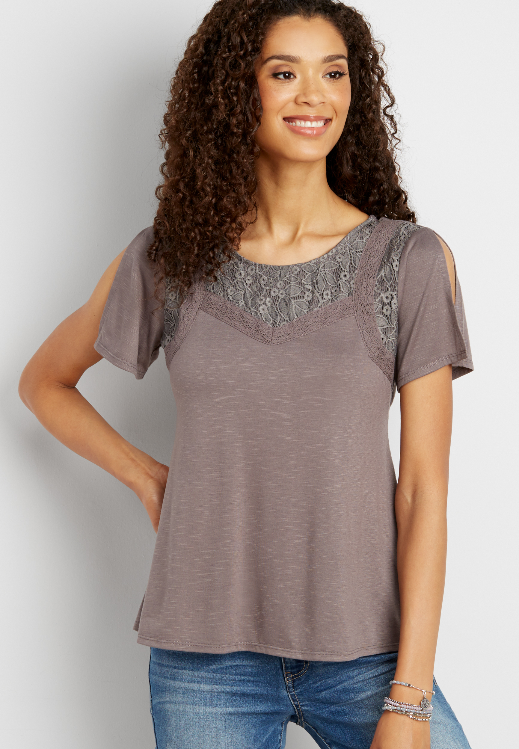 tee with lace and slit short sleeves | maurices