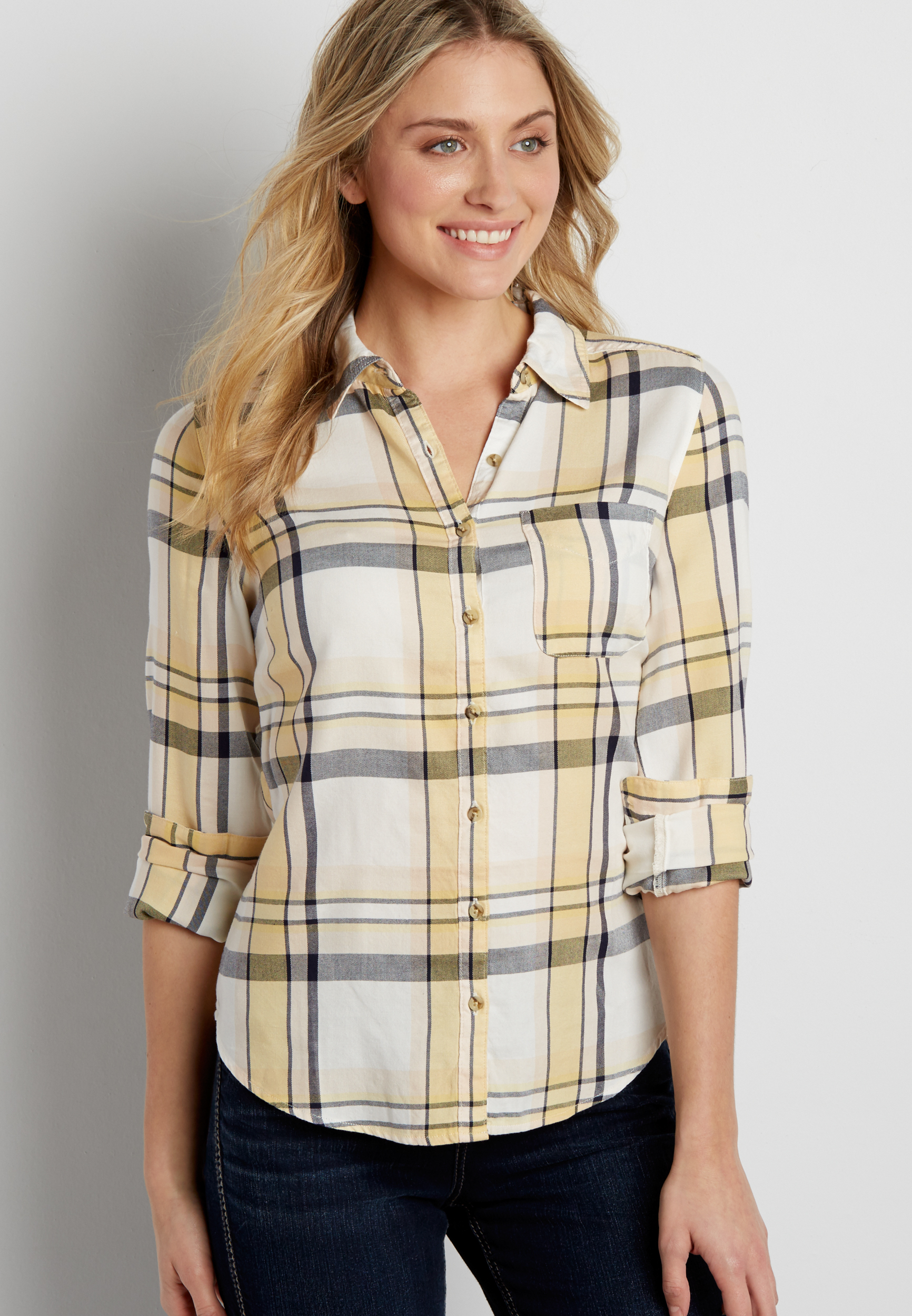 button down plaid shirt in yellow | maurices