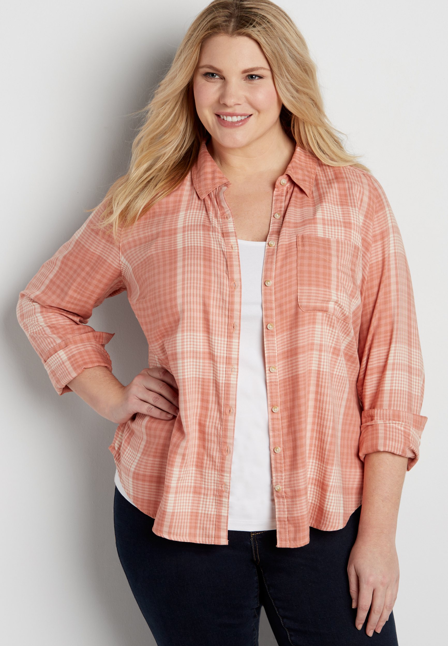 plus size button down plaid shirt in faded peach | maurices