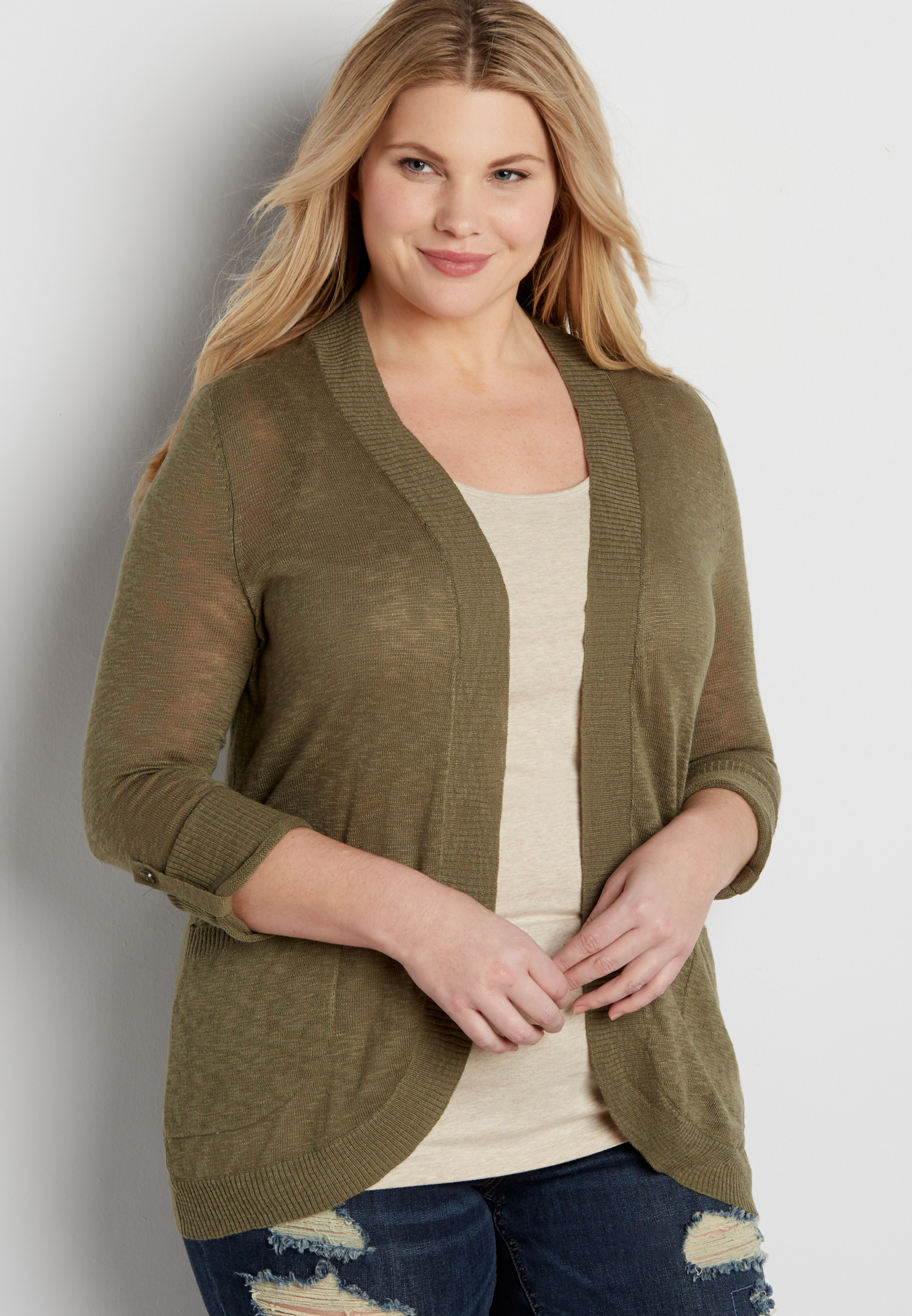 plus size lightweight cardigan with button tab sleeves | maurices