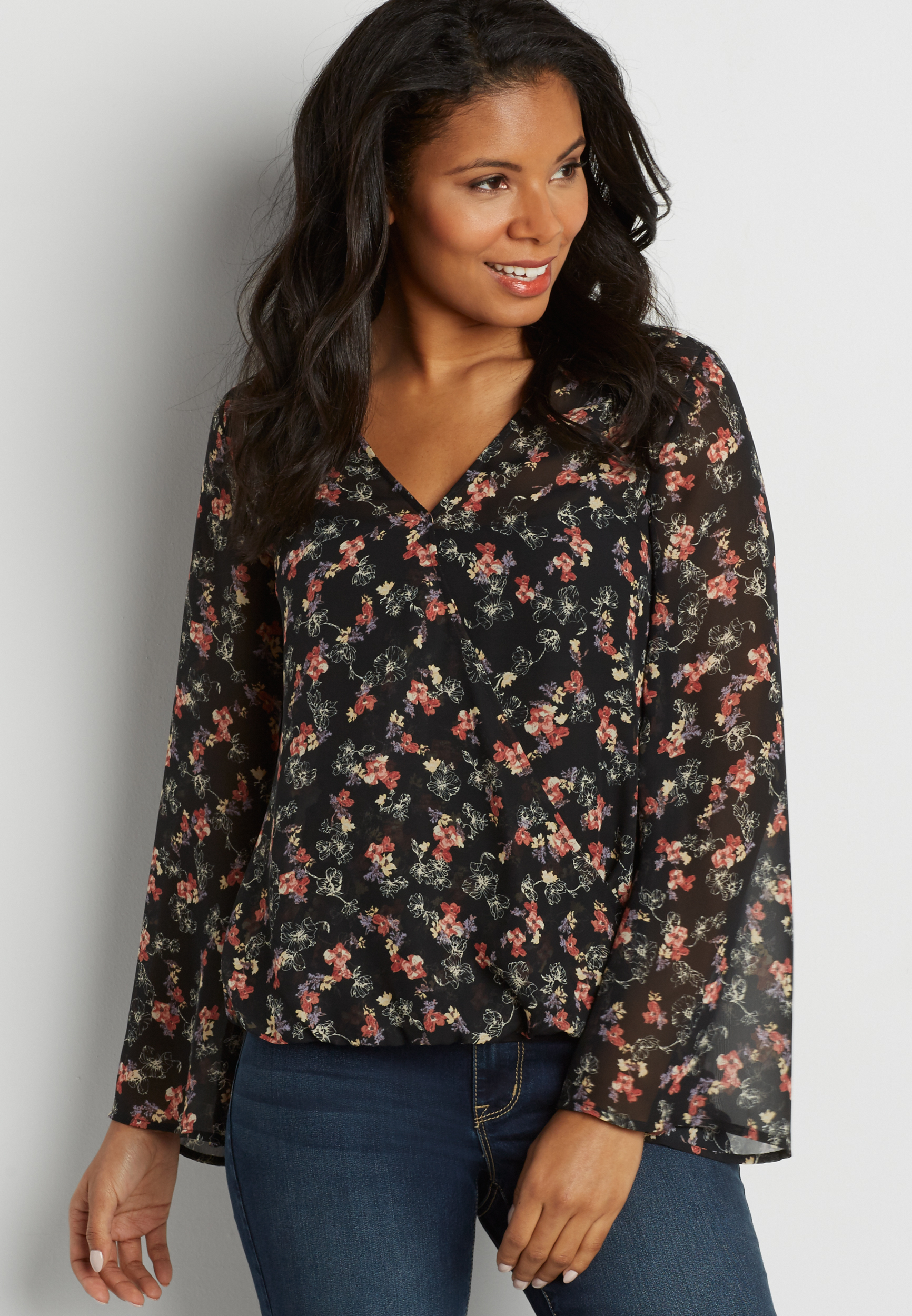 chiffon surplice top in floral print | maurices