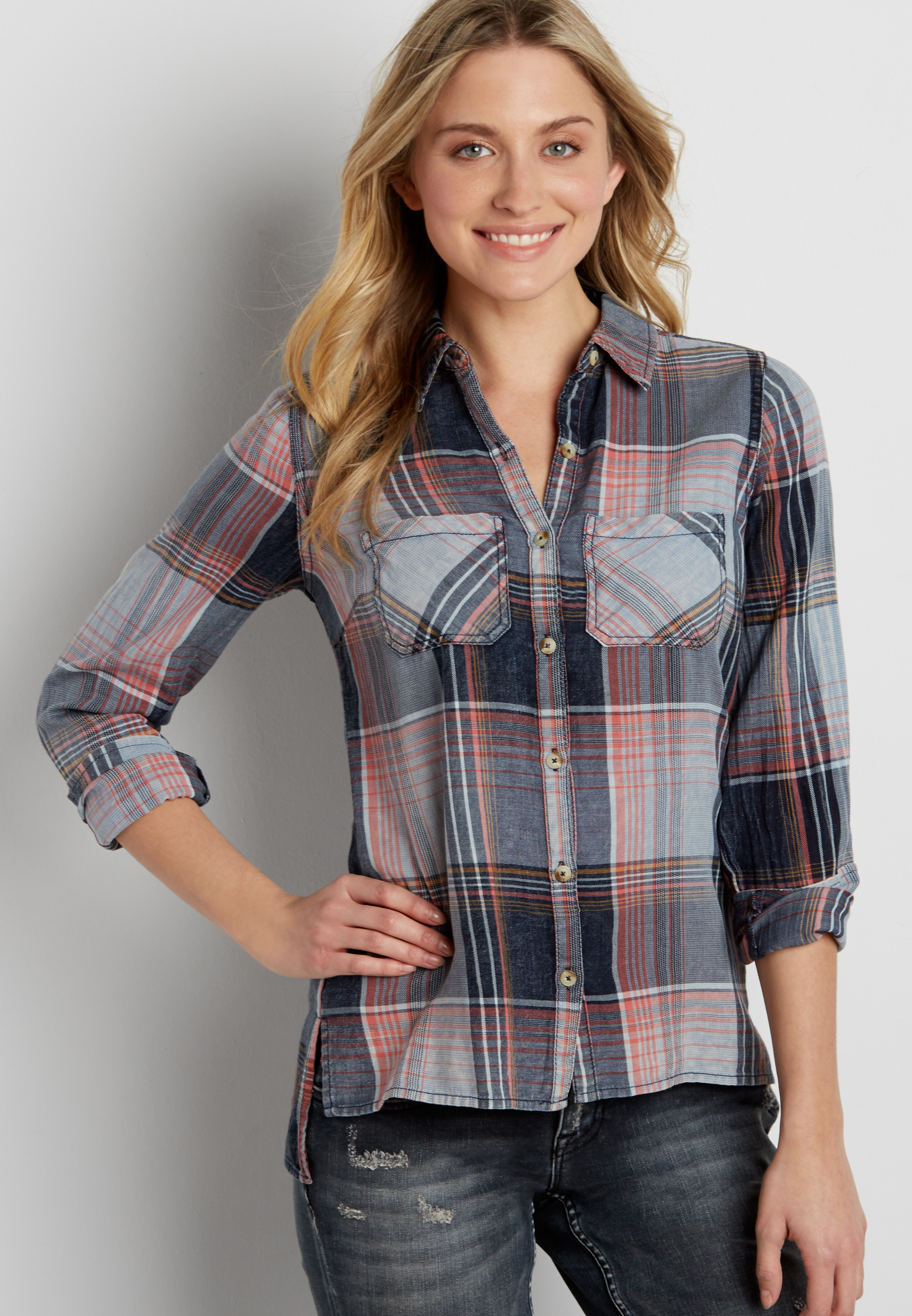 Styles Cotton Plaid Button Down Top - Lilac Multi