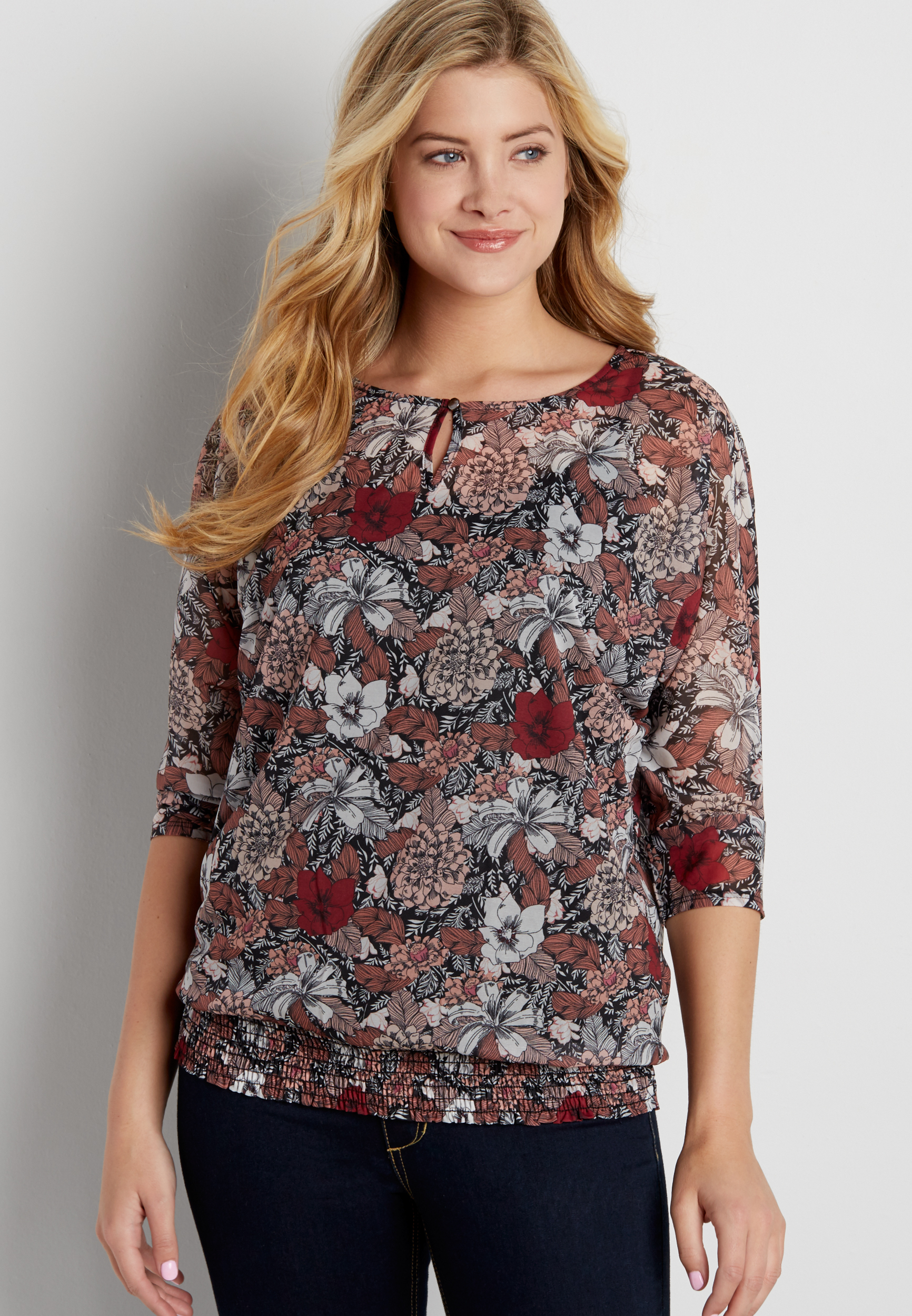 dolman top with smocked bottom hem in floral print | maurices