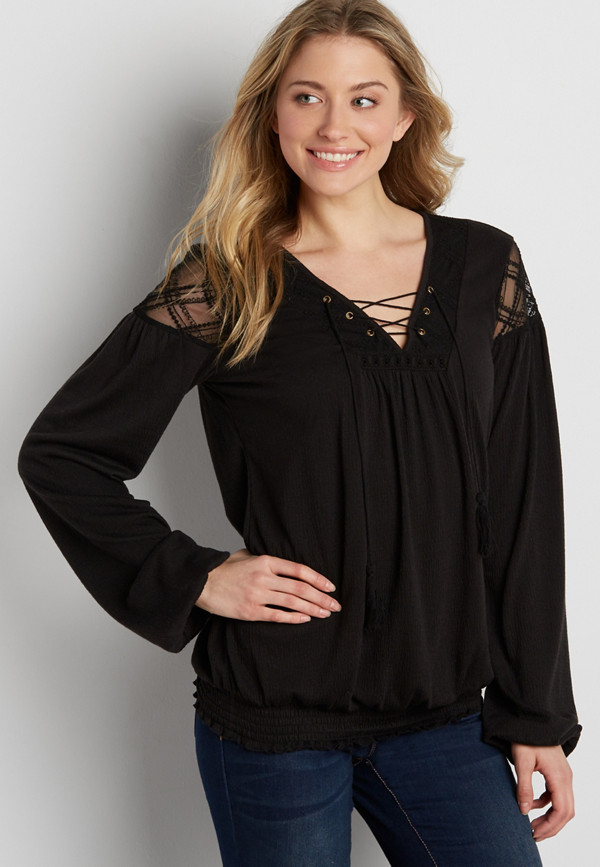 smocked bottom peasant top with embroidered mesh | maurices