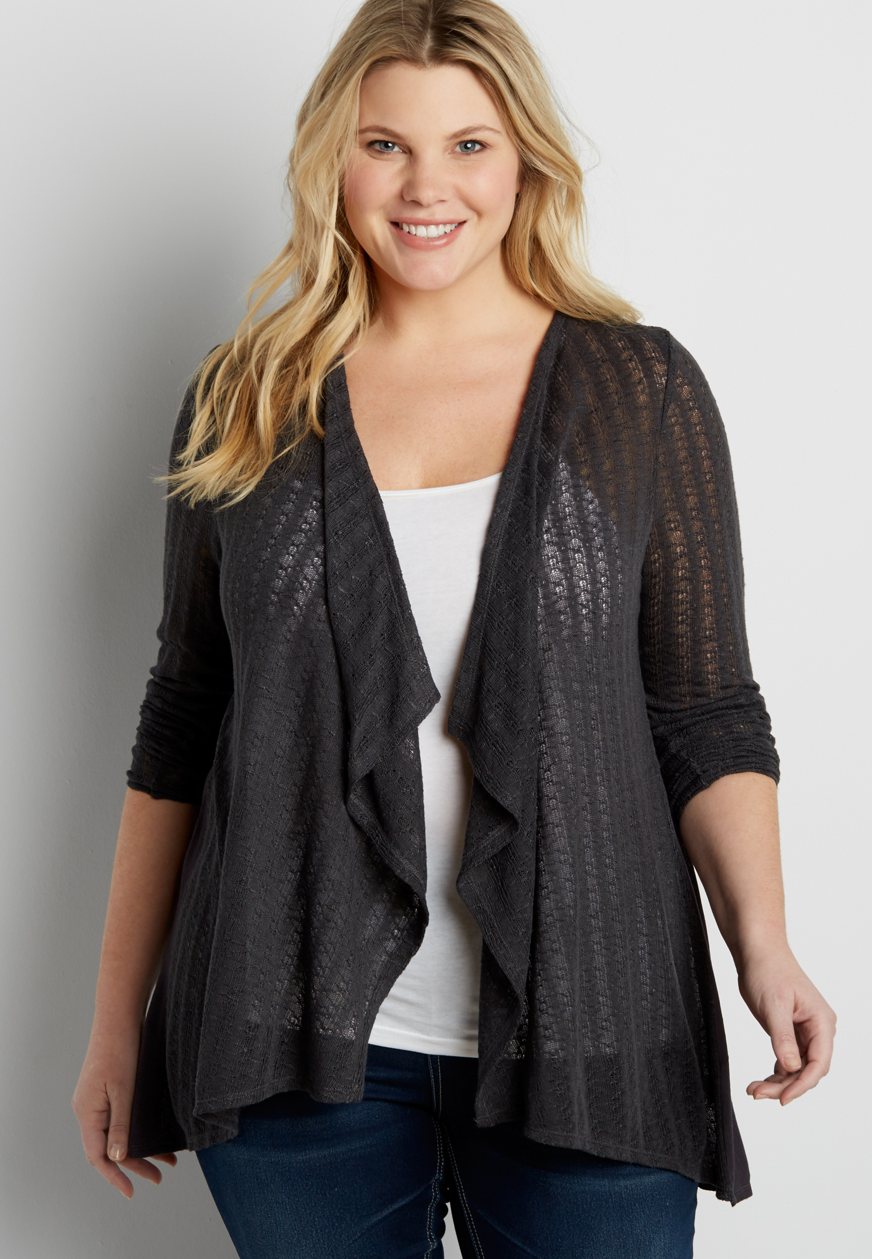 plus size pointelle stitched cardigan with crocheted back | maurices