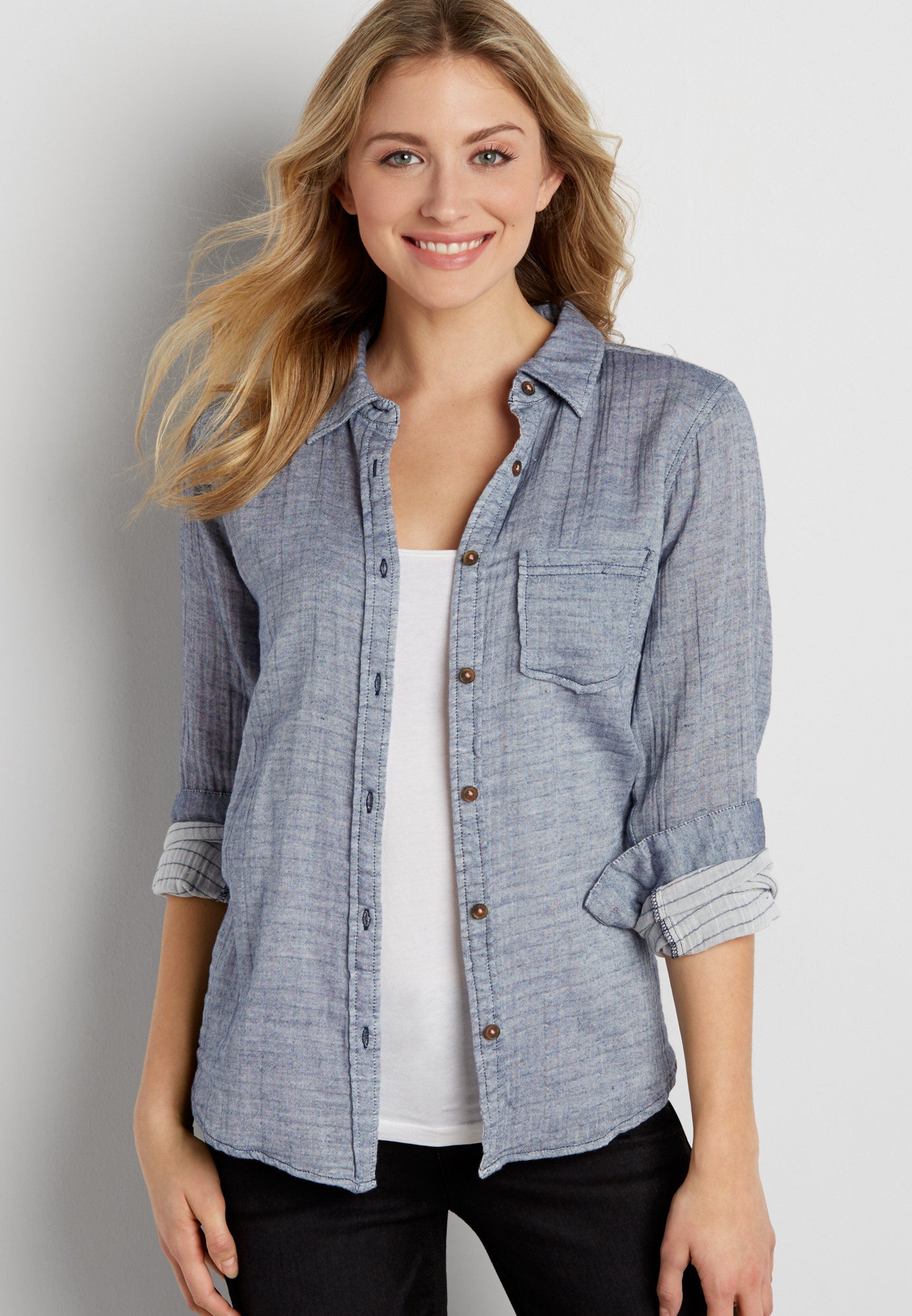 button down shirt with striped interior | maurices