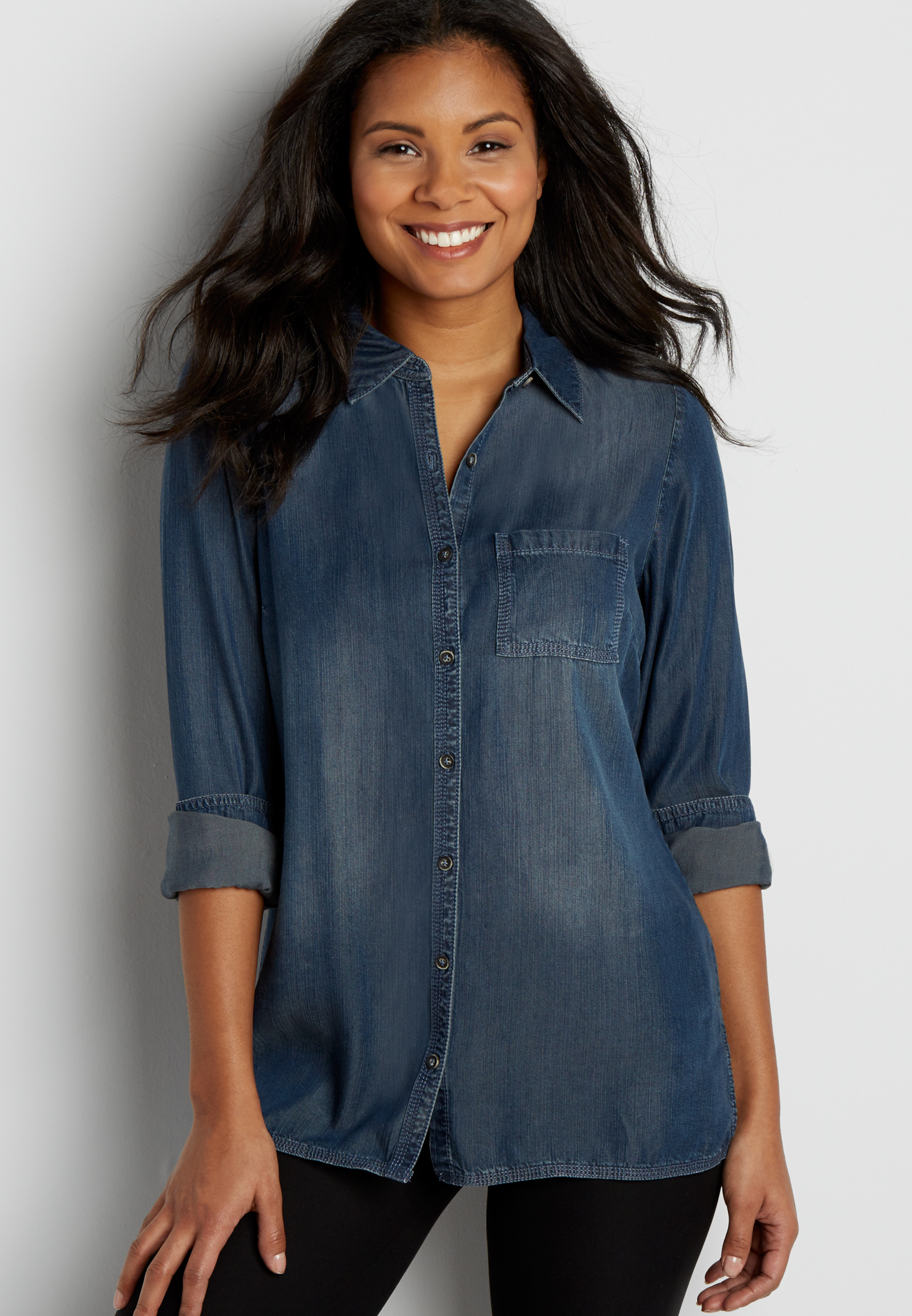 button down chambray tunic in dark wash | maurices