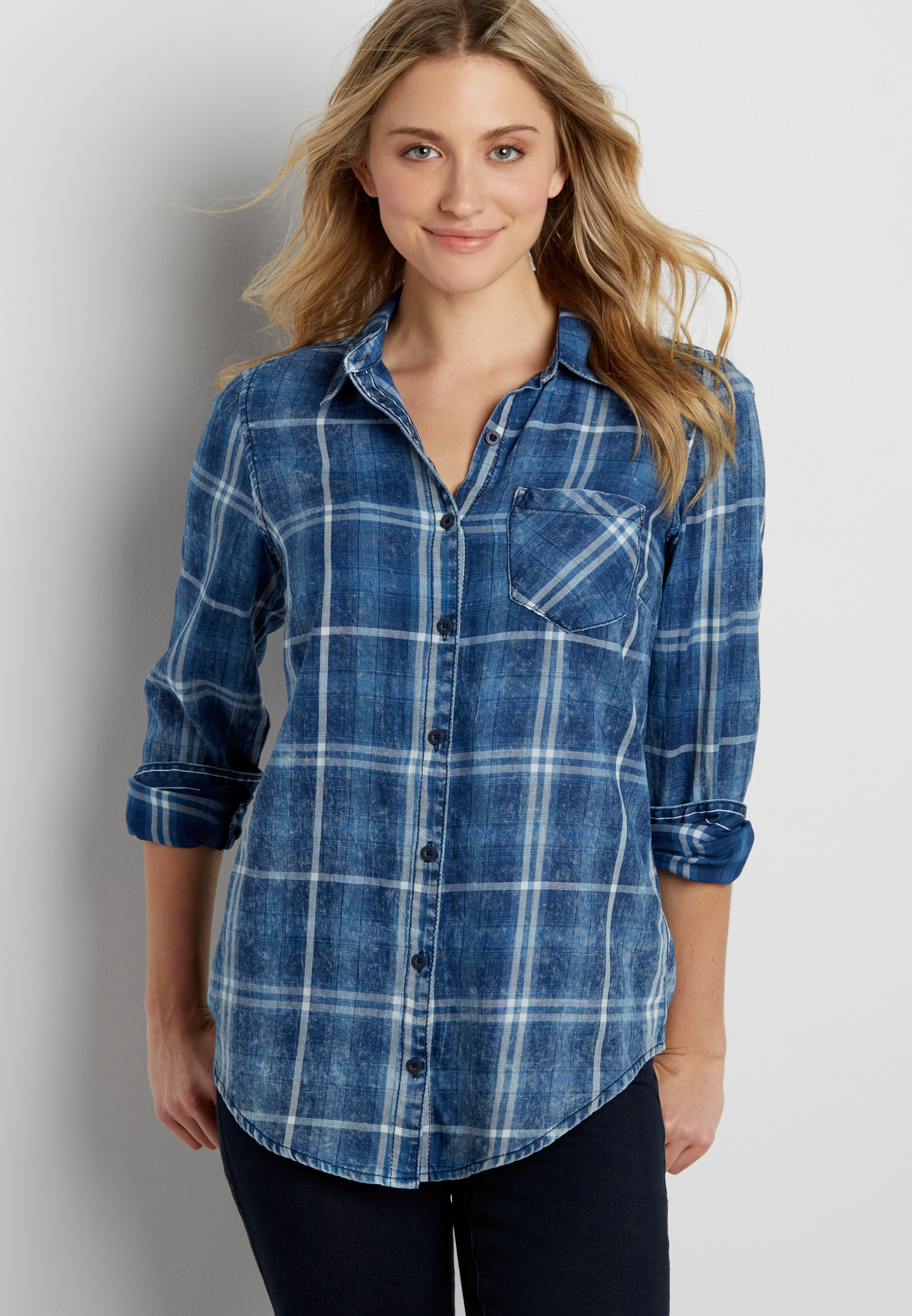 button down tunic in distressed blue plaid | maurices