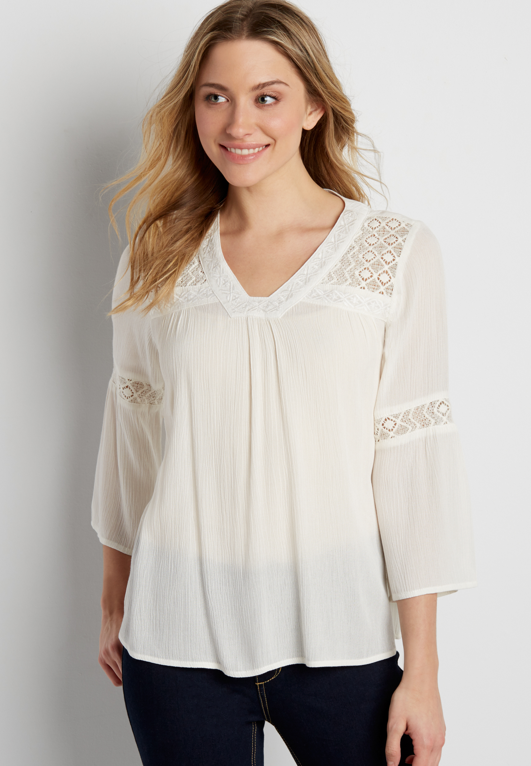 lightweight top with lace inlay and embroidery | maurices