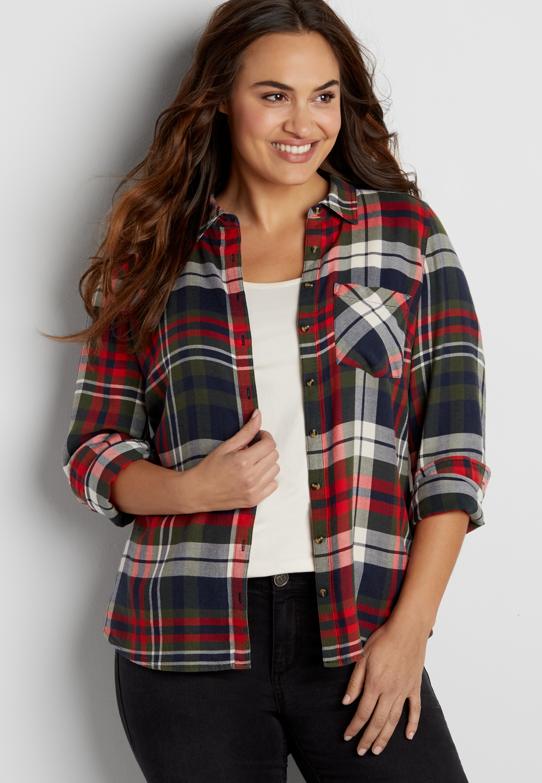 plus size button down plaid shirt in red, green, and navy blue plaid ...