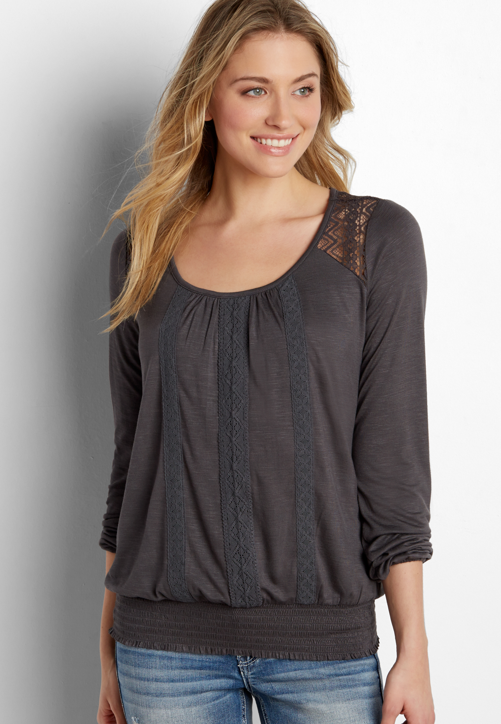 smocked bottom tee with lace | maurices