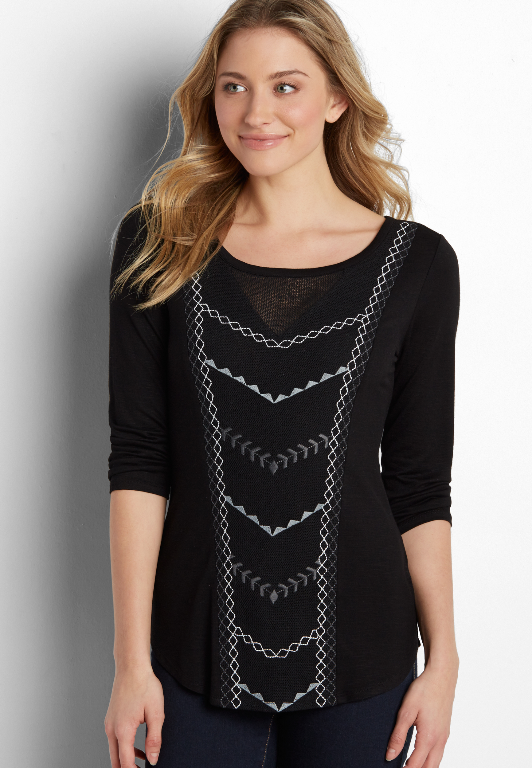 embroidered mesh center overlay tee | maurices