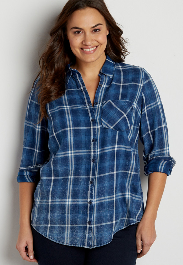 plus size button down tunic in distressed blue plaid | maurices